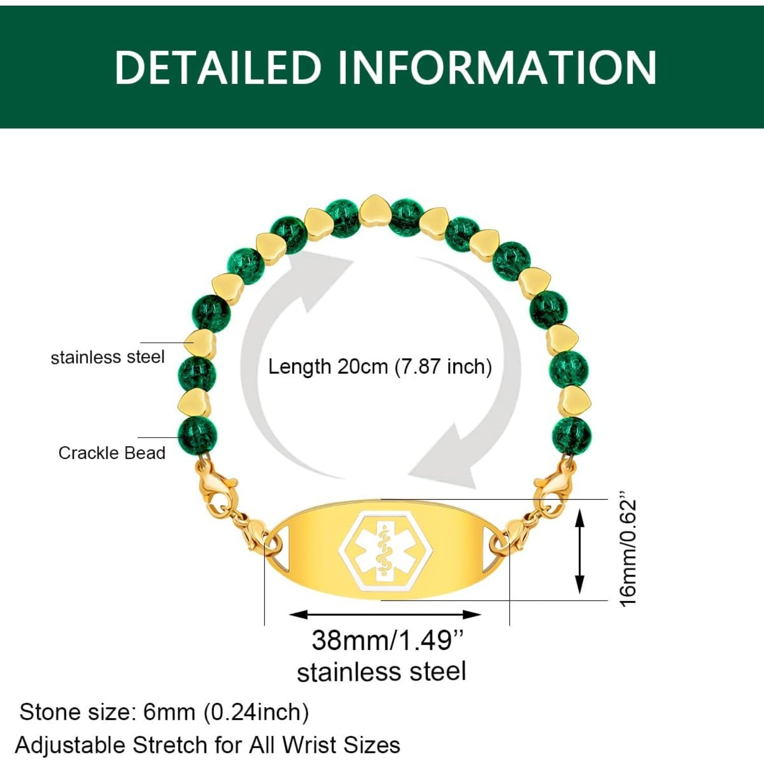 Stainless Steel Medical Alert Bracelet for Women 18K Gold Plated Tarnish Resistant | Laser Engraved or Dynamic QR Code ID Bracelet | Green Pink Purple Crack Bead Heart Adjustable Jewelry