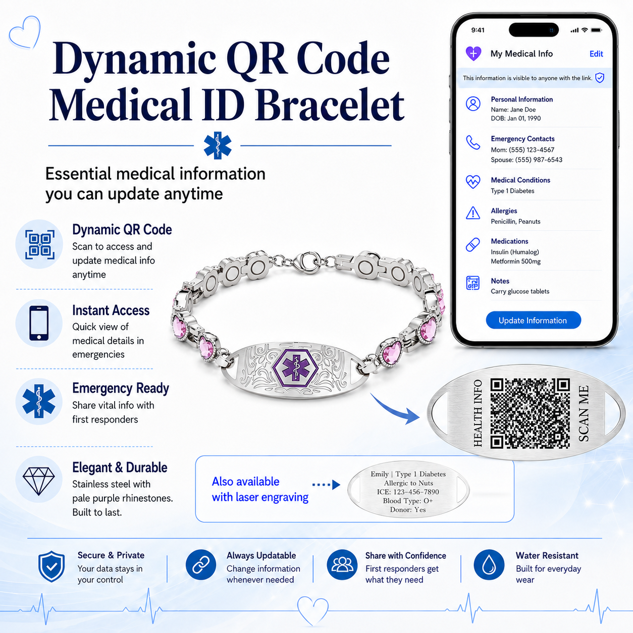 Custom Stainless Steel Medical Alert Bracelet QR Code ID Bracelet for Women Men Adjustable Engraved Emergency Jewelry with Cubic Zirconia Charm