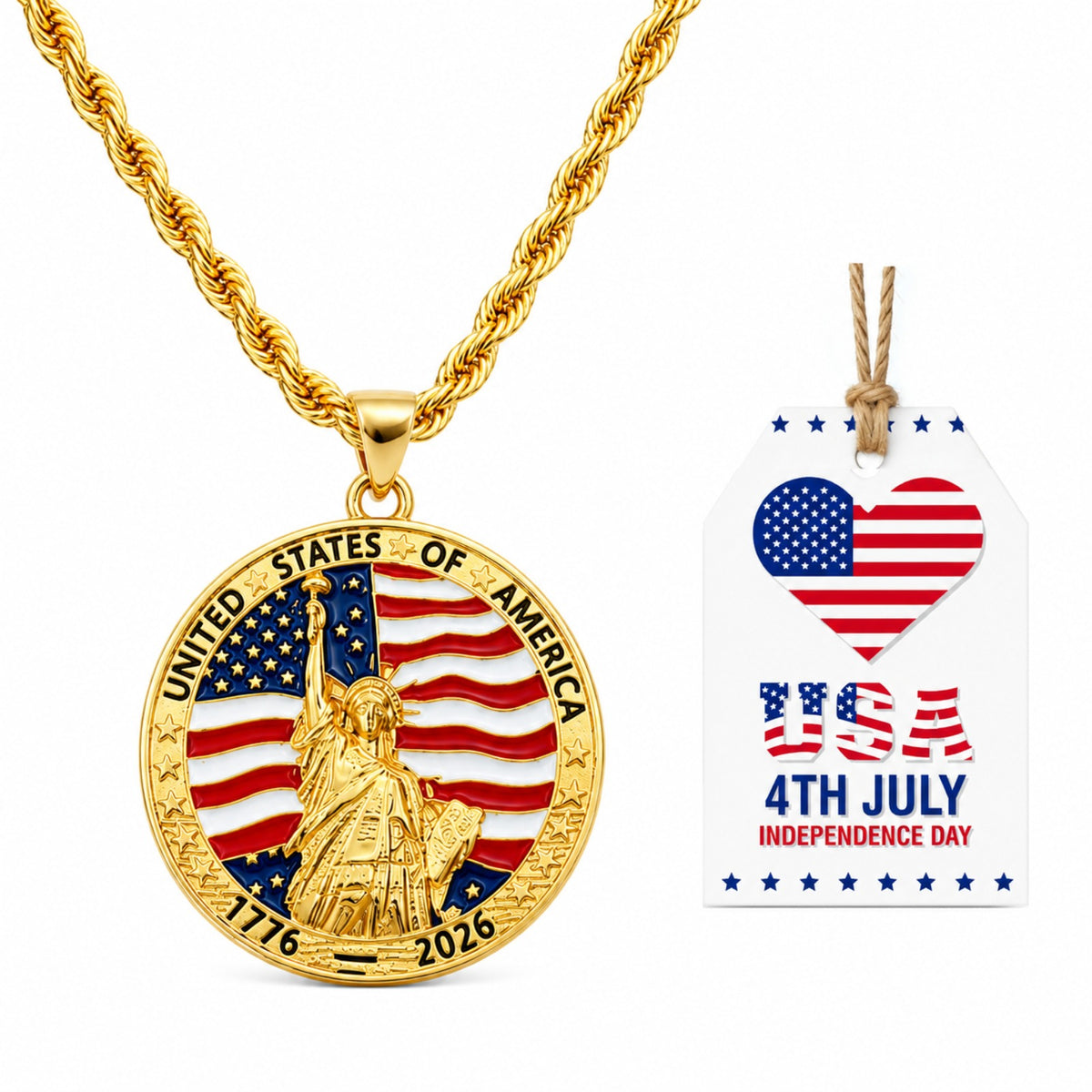 USA 250th Anniversary Necklace for Men Women, 1776 2026 Commemorative Pendant, 18K Golden Plated Brass Statue of Liberty American Flag Necklace with Stainless Steel Chain, Patriotic Jewelry Gift