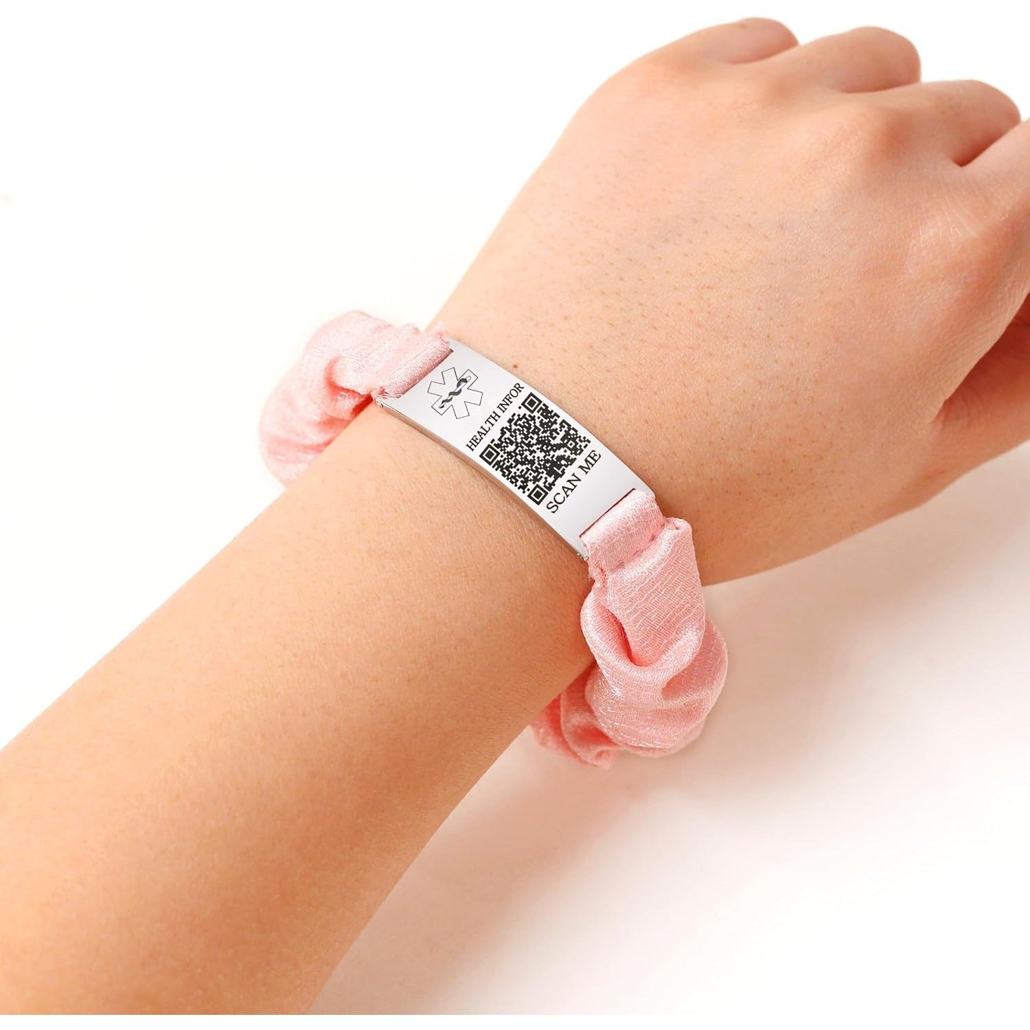 Dynamic QR Code Medical Alert Scrunchie Bracelet for Women, Editable Fabric Medical ID Wristband, Scan to Update Emergency & Health Information Without Login, Elastic Hair Tie Style, YA5426