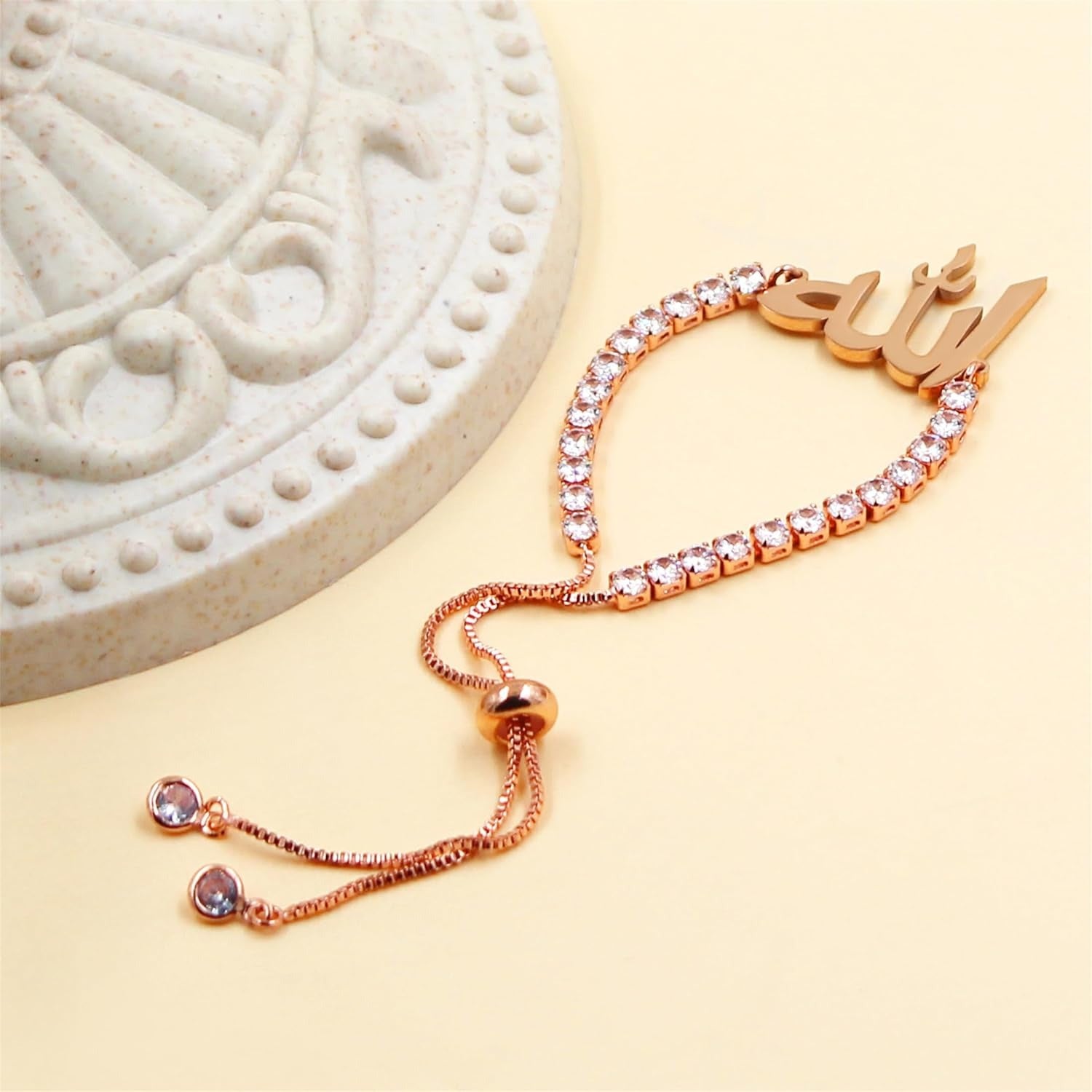 Arabic Allah Script Cubic Zirconia Tennis Bracelet for Women Stainless Steel Adjustable Islamic Faith Jewelry Sparkling Muslim Bracelet Elegant Religious Gift for Mom Wife Sister Daughter Ramadan Eid