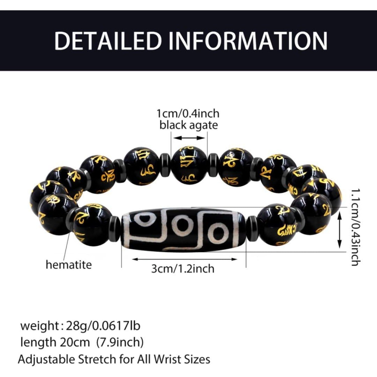 Nine Eyes Dzi Bead Bracelet with Tibetan Mantra Beads, Elastic Buddhist Beaded Bracelet for Men & Women, Green Red Brown Stone Stretch Bracelet for Meditation and Daily Wear