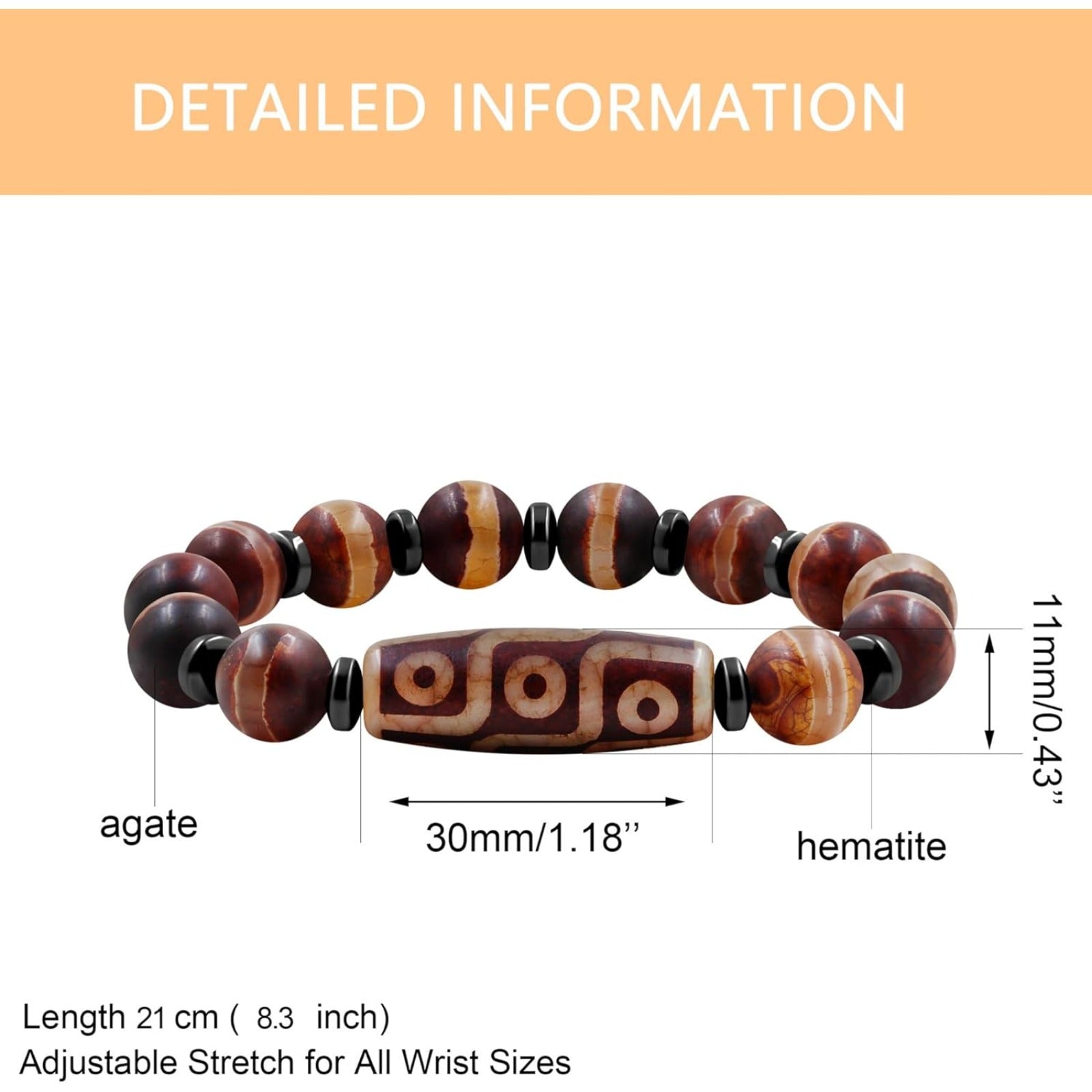 Dzi Bead Tibetan Bracelet for Men Women | Nine Eye Dzi Agate Beaded Bracelet with Hematite Spacers | Feng Shui Buddhist Meditation Amulet Adjustable Style Jewelry Brown Green Black YA5102