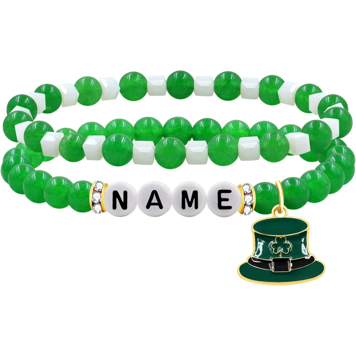 St Patricks Day Green Beaded Bracelet for Women Girls, LUCKY IRISH BLESS Letter Options, Stretch Shamrock Leprechaun Hat Charm Bracelet, Irish Lucky Jewelry Gift