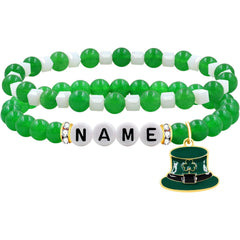 St Patricks Day Green Beaded Bracelet for Women Girls, LUCKY IRISH BLESS Letter Options, Stretch Shamrock Leprechaun Hat Charm Bracelet, Irish Lucky Jewelry Gift