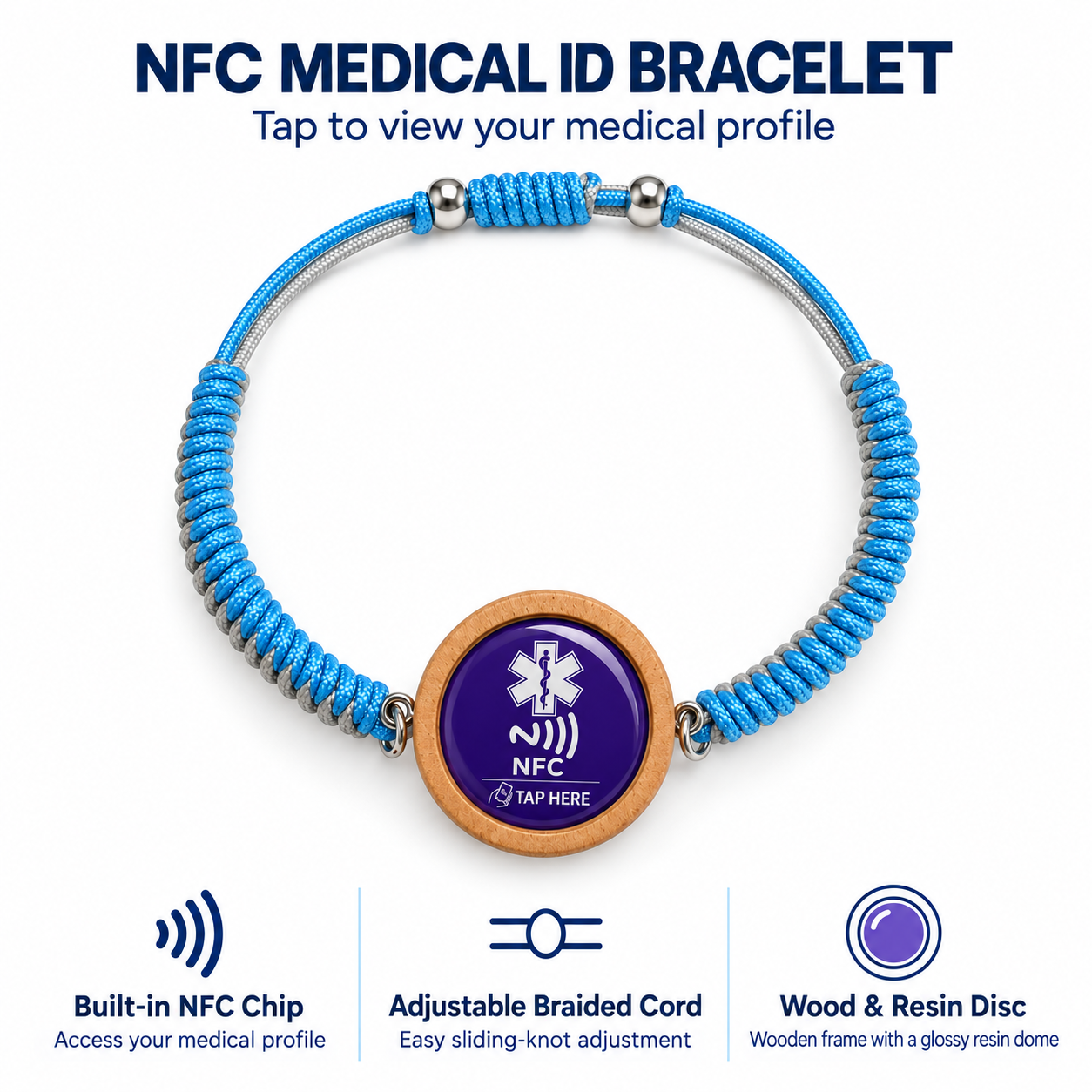 NFC Medical Alert Bracelet, Editable Medical ID, Adjustable Braided Wristband, Wooden Medical Bracelet for Women and Men