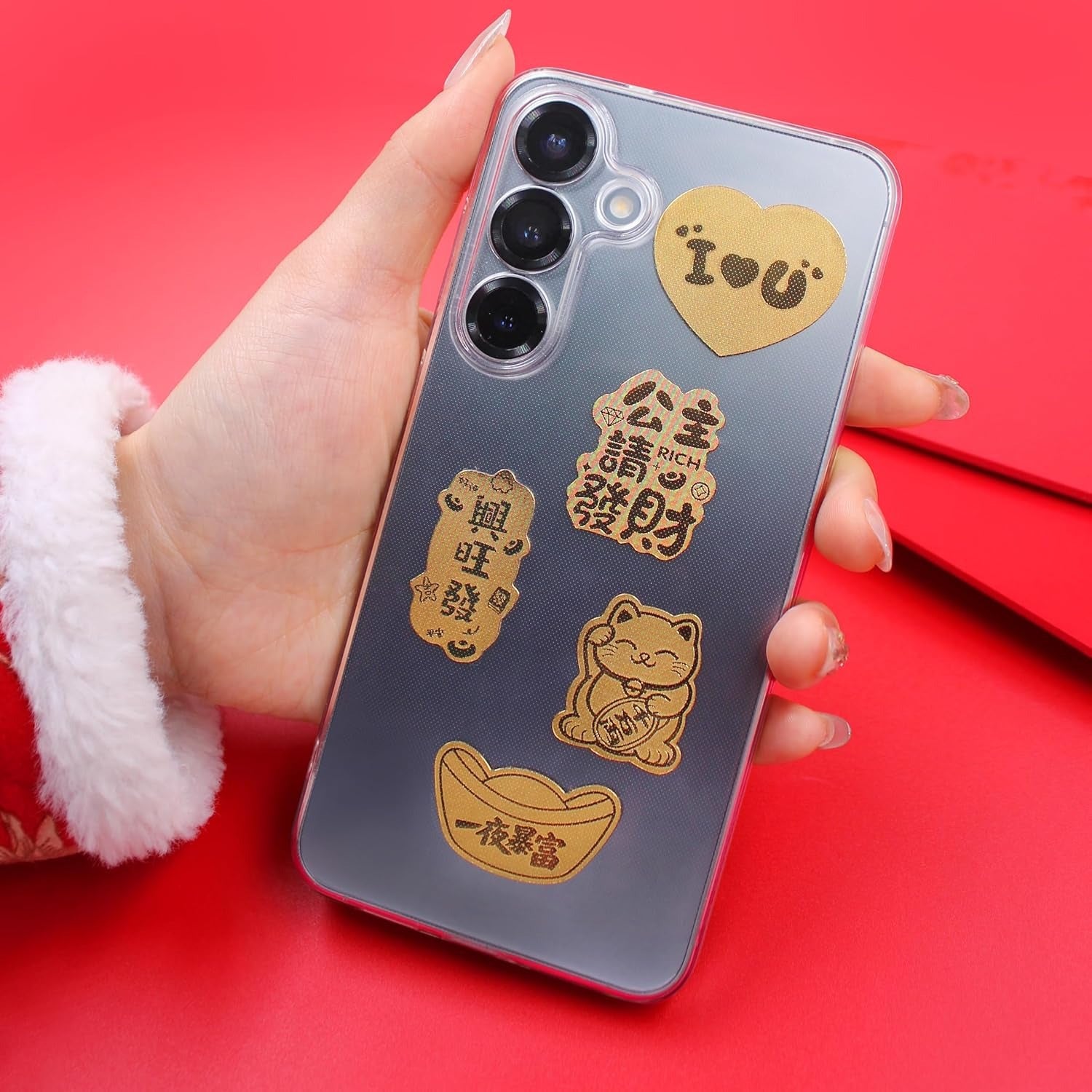 Uloveido Golded Foil Phone Decal Sticker Set, 5 Pieces Lucky Wealth Feng Shui Amulet Stickers, Chinese New Year Good Luck Phone Decorations