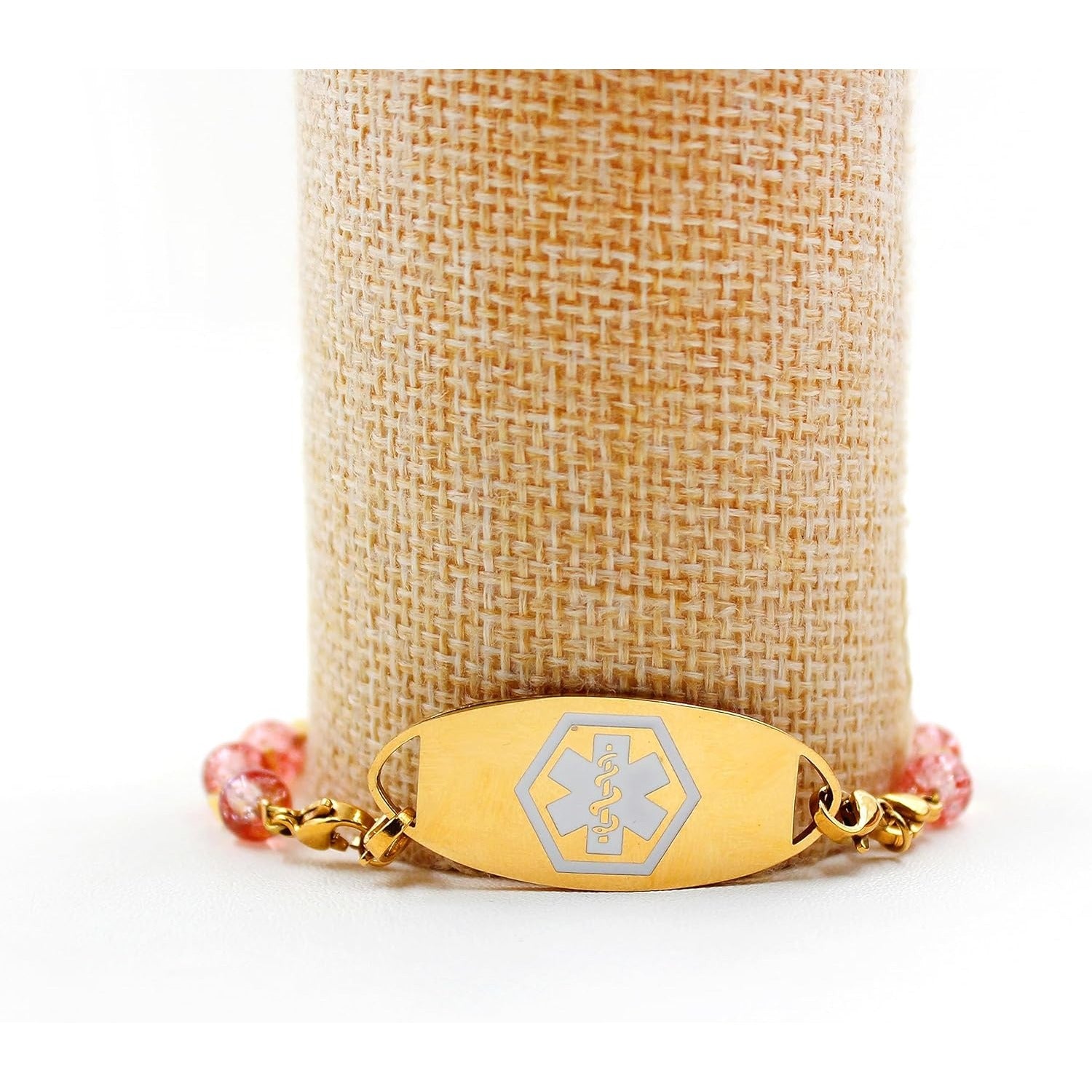 Stainless Steel Medical Alert Bracelet for Women 18K Gold Plated Tarnish Resistant | Laser Engraved or Dynamic QR Code ID Bracelet | Green Pink Purple Crack Bead Heart Adjustable Jewelry