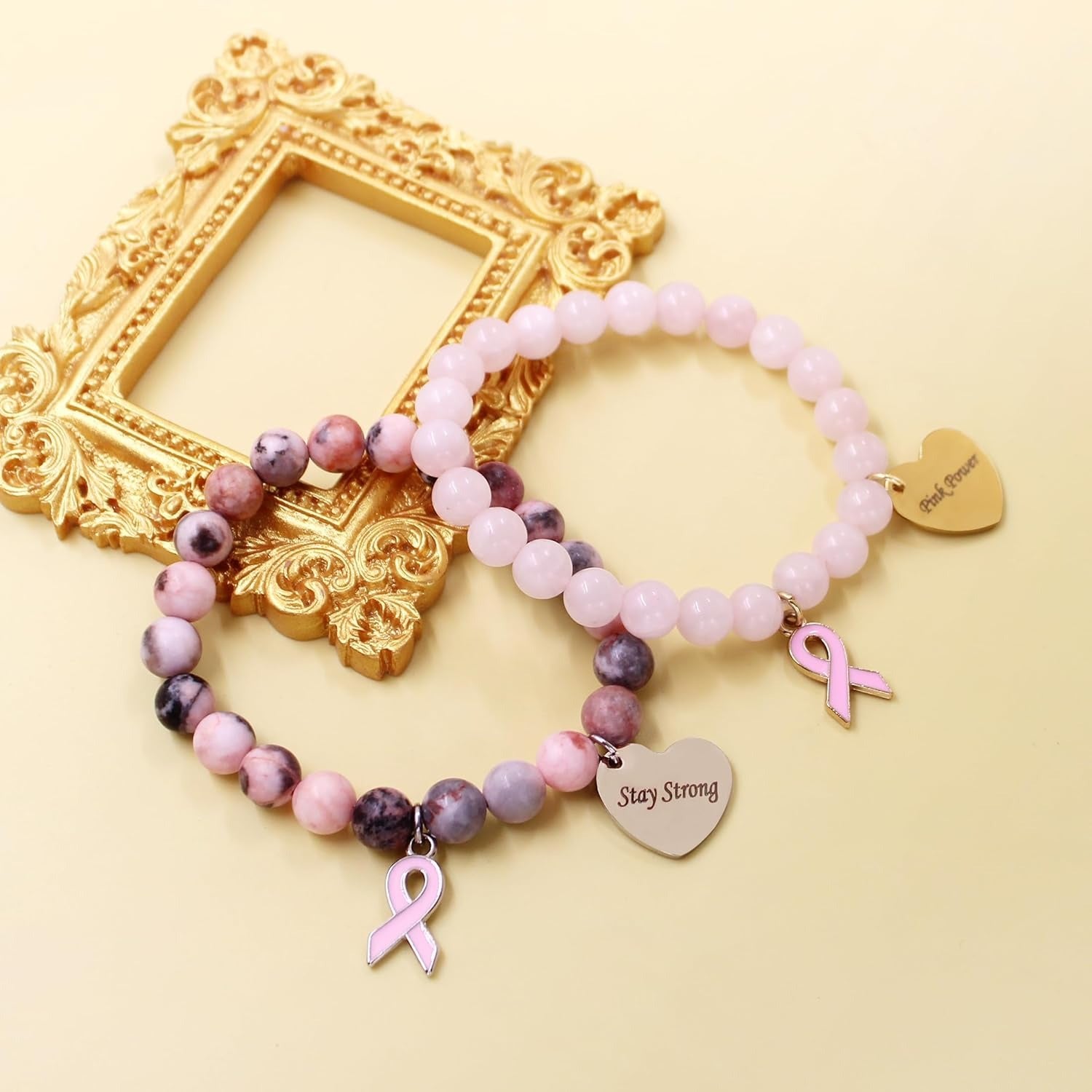 Pink Zebra Jasper Breast Cancer Awareness Bracelet – Never Give Up Heart Charm & Pink Ribbon, Stretch Beaded Natural Stone Bracelet for Women, Inspirational Cancer Support Jewelry Gift