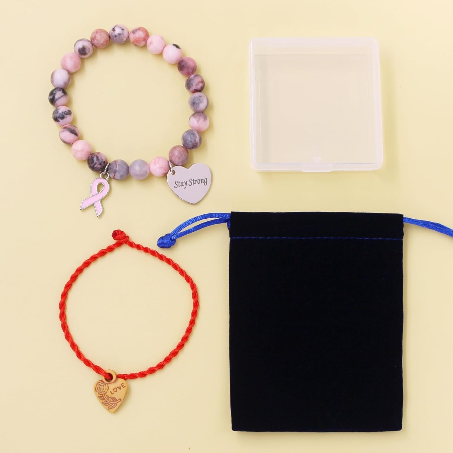 Pink Zebra Jasper Breast Cancer Awareness Bracelet – Never Give Up Heart Charm & Pink Ribbon, Stretch Beaded Natural Stone Bracelet for Women, Inspirational Cancer Support Jewelry Gift