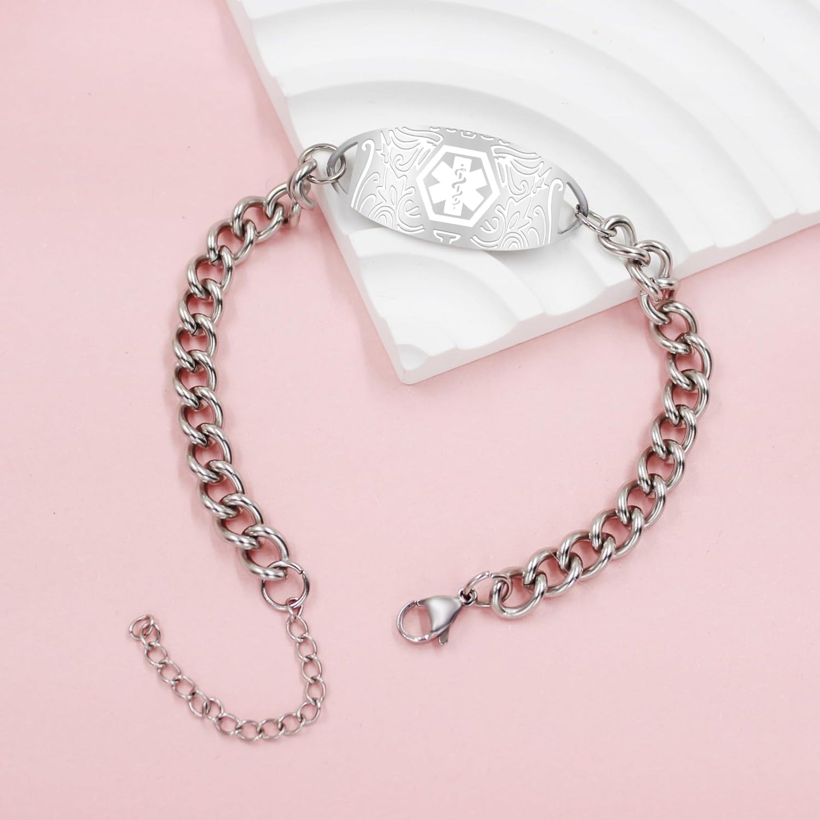 Uloveido Custom Medical ID Bracelet for Men Women | Personalized Engraved Stainless Steel Curb Link Chain Bracelet | Emergency Alert Health Information Jewelry Adjustable 20-25cm
