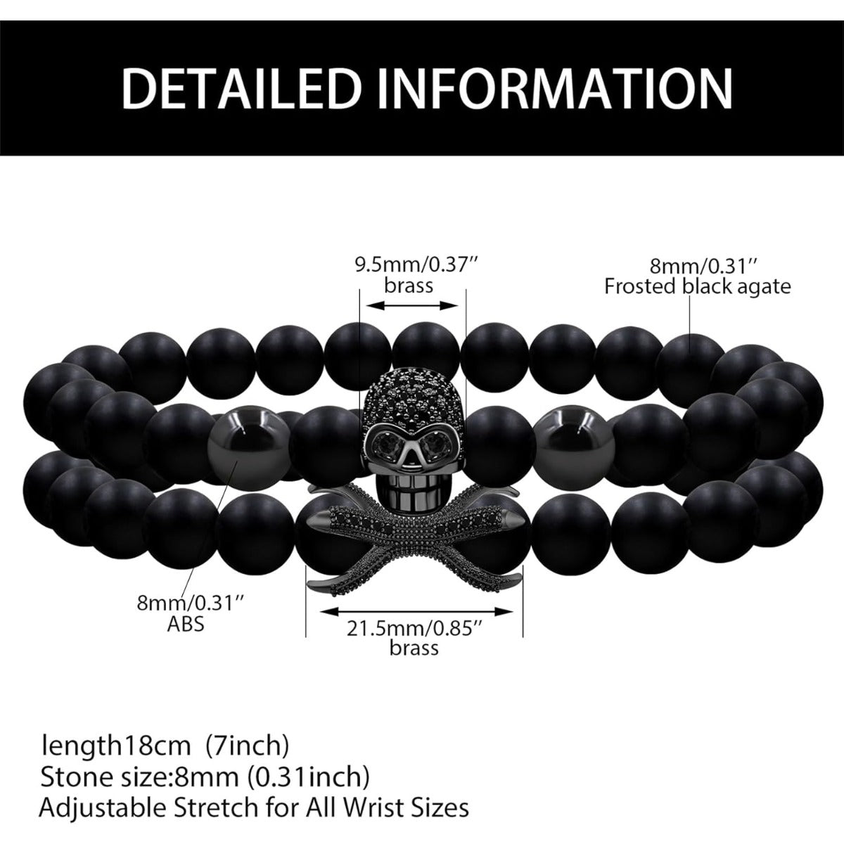 Men’s Elastic Skull Bracelet 2 Piece Set | 8mm Black Obsidian Beaded Skeleton Bracelet | Healing Energy Jewelry Gift for Him