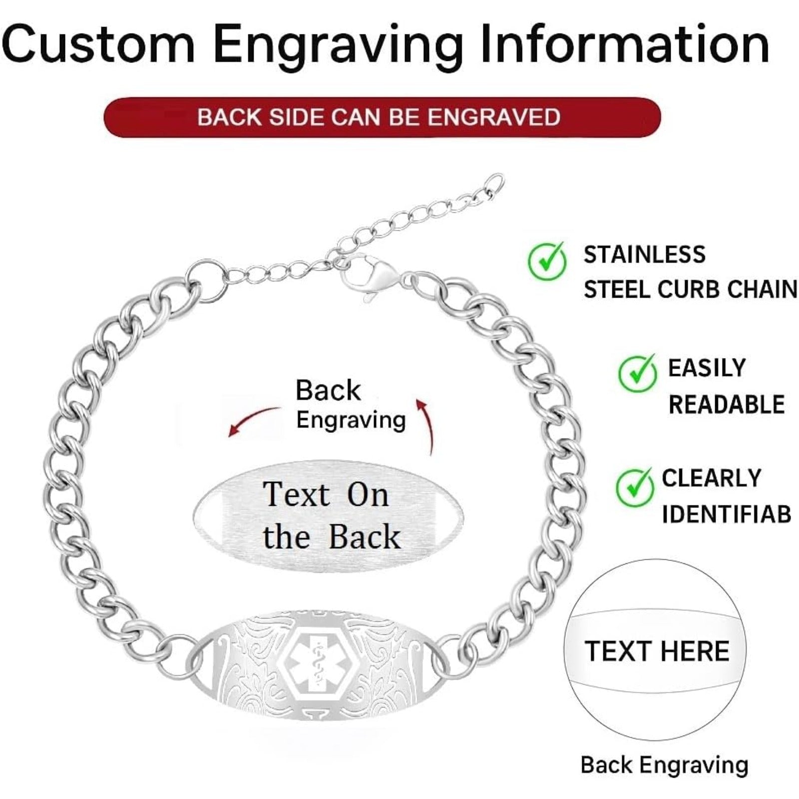 Uloveido Custom Medical ID Bracelet for Men Women | Personalized Engraved Stainless Steel Curb Link Chain Bracelet | Emergency Alert Health Information Jewelry Adjustable 20-25cm