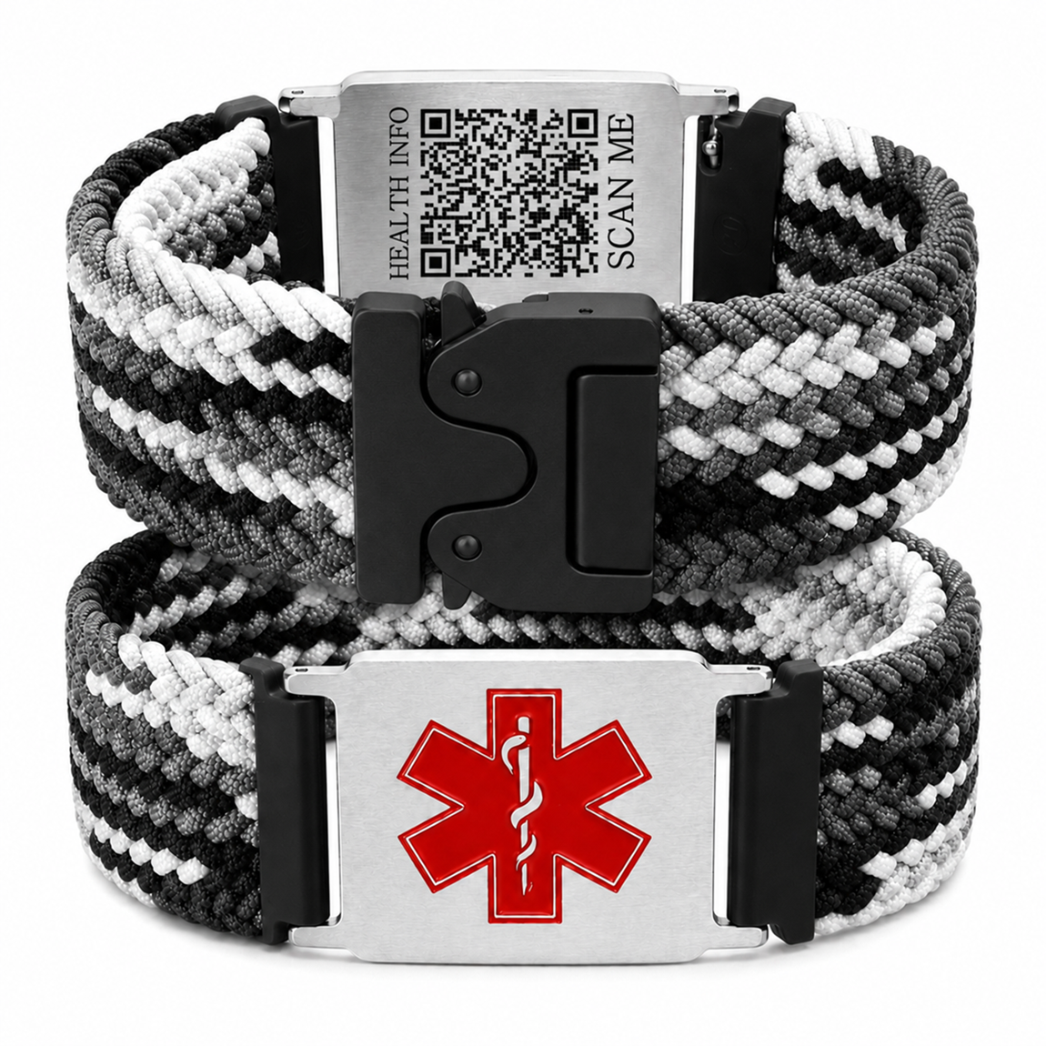 Uloveido Personalized Nylon Medical ID Bracelet with Laser-Engraved Medical Alert Tag and Dynamic QR Code, Braided Elastic Watch Band with Secure Parachute-Style Buckle, 20mm Adjustable for Men