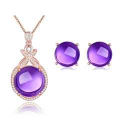 Uloveido Fashion Charm Natural Round Purple Amethyst Crystal Rose Gold Plated February Birthstone Necklace Pendant and Studs Earrings Wedding Jewellery Set for Women Girls CT008