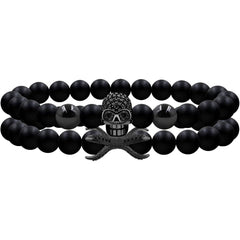 Men’s Elastic Skull Bracelet 2 Piece Set | 8mm Black Obsidian Beaded Skeleton Bracelet | Healing Energy Jewelry Gift for Him