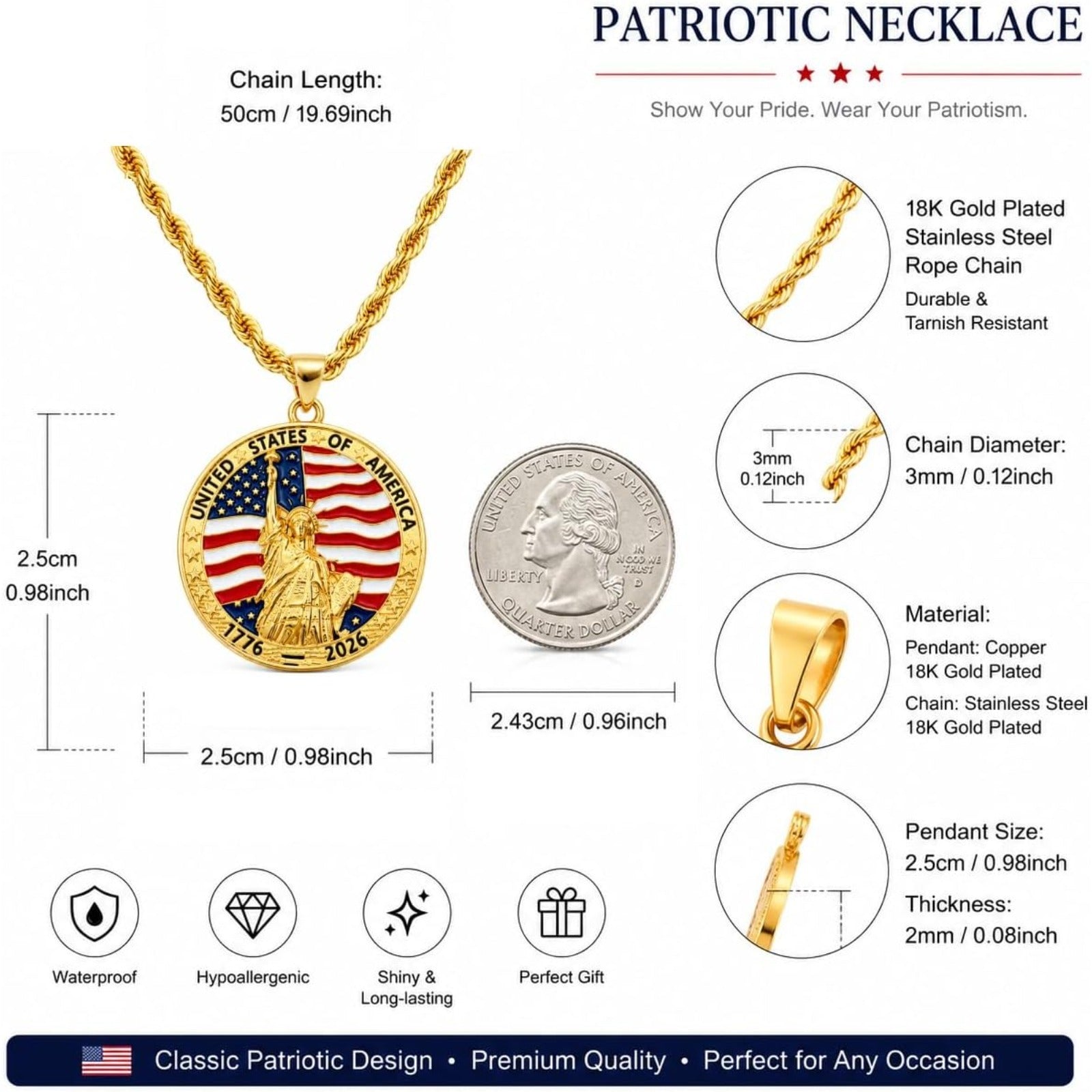 USA 250th Anniversary Necklace for Men Women, 1776 2026 Commemorative Pendant, 18K Golden Plated Brass Statue of Liberty American Flag Necklace with Stainless Steel Chain, Patriotic Jewelry Gift