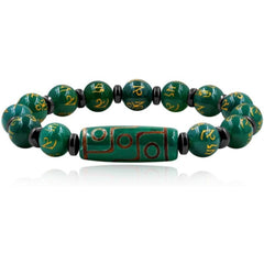 Nine Eyes Dzi Bead Bracelet with Tibetan Mantra Beads, Elastic Buddhist Beaded Bracelet for Men & Women, Green Red Brown Stone Stretch Bracelet for Meditation and Daily Wear
