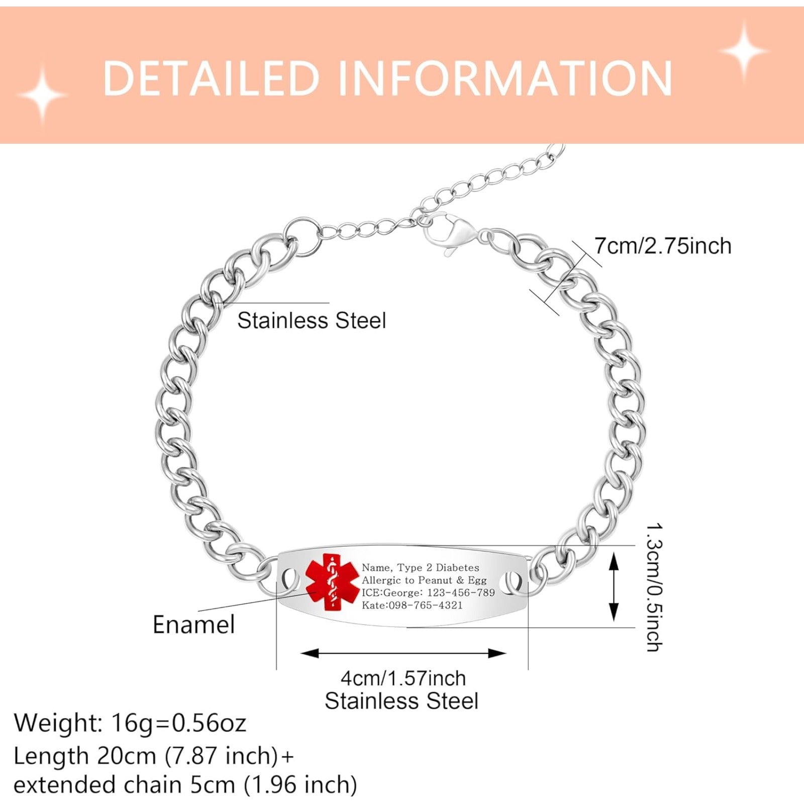 Uloveido Custom Medical ID Bracelet for Men Women | Personalized Engraved Stainless Steel Curb Link Chain Bracelet | Emergency Alert Health Info Jewelry Adjustable 20-25cm