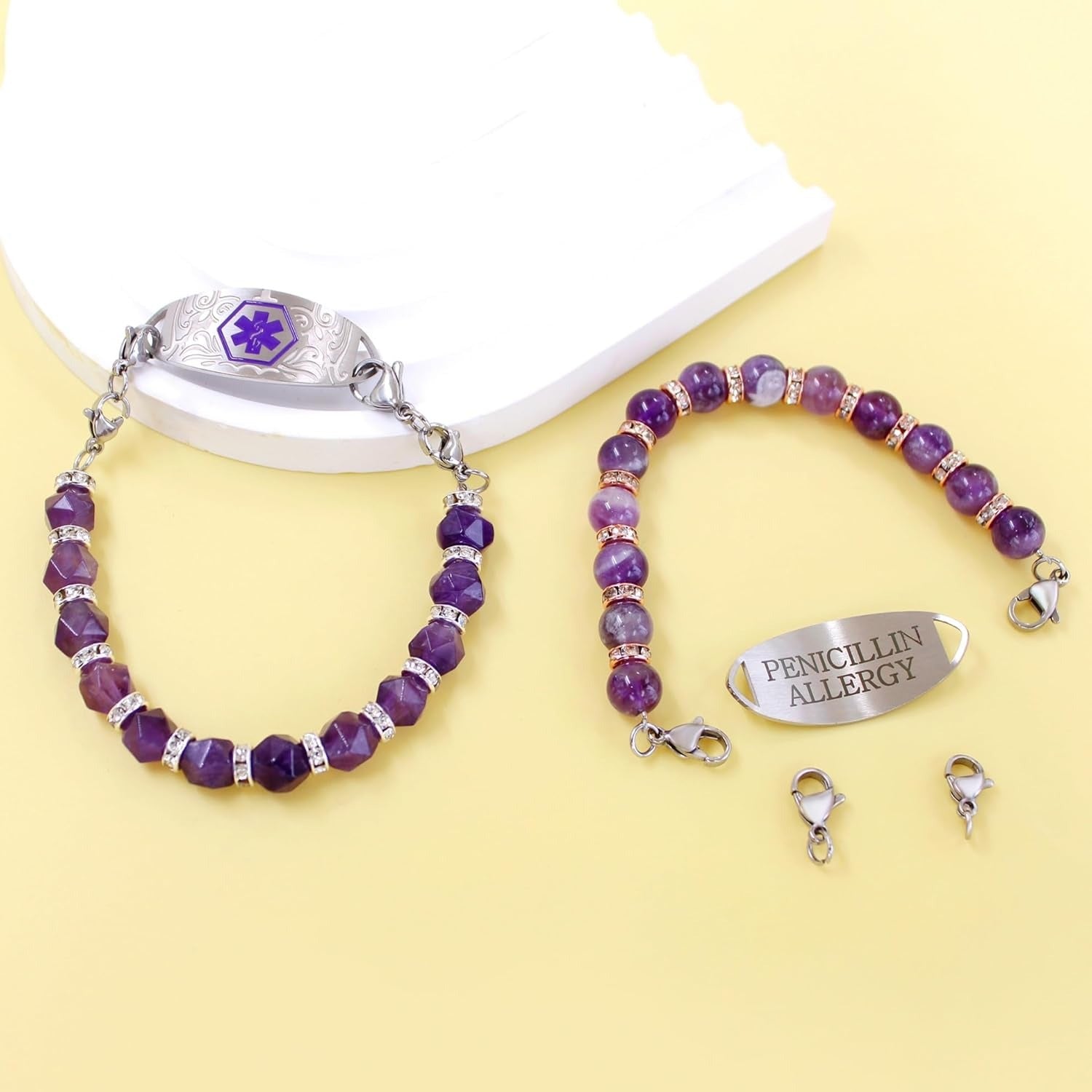 Dynamic QR Code Medical Alert Bracelet for Women, Faceted Purple Crystal Beads Medical ID Bracelet, Scan to Edit Health Info, Stainless Steel Interchangeable Medical Tag