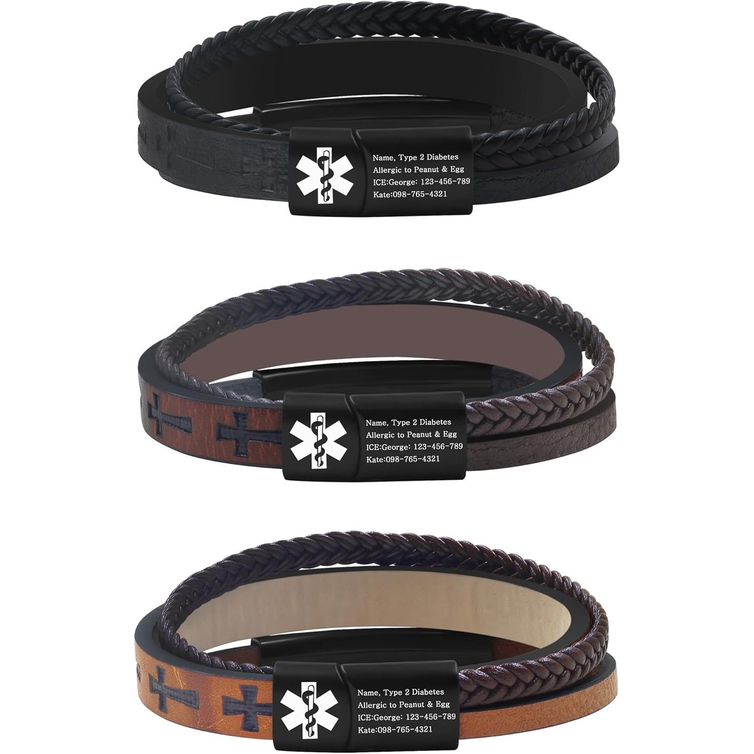 Dynamic QR Code Medical Alert Bracelet for Men Scan to Update Medical Info No Medical Info Needed at Checkout Braided PU Leather Cross Emergency ID Bracelet Waterproof Lightweight for Outdoor Sports Daily Wear