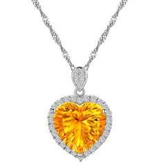 925 Sterling Silver Natural Citrine Necklace, Heart-Shape Gemstone, Platinum Plated, November Birthstone Pendant