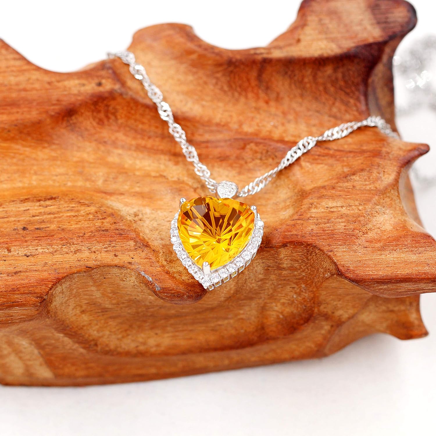 925 Sterling Silver Natural Citrine Necklace, Heart-Shape Gemstone, Platinum Plated, November Birthstone Pendant