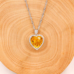 925 Sterling Silver Natural Citrine Necklace, Heart-Shape Gemstone, Platinum Plated, November Birthstone Pendant