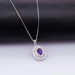 Uloveido Women's Natural Purple Amethyst Gemston Halo Kate Middleton's Princess Diana Engagement Pendant Necklace 925 Sterling Silver Chain (0.8ct, Gift Box Packing) CN002