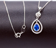 Uloveido September Birthstone Blue Corundum Sapphire Necklace Pendant Sterling Silver for Women with Cubic Zirconia FN104