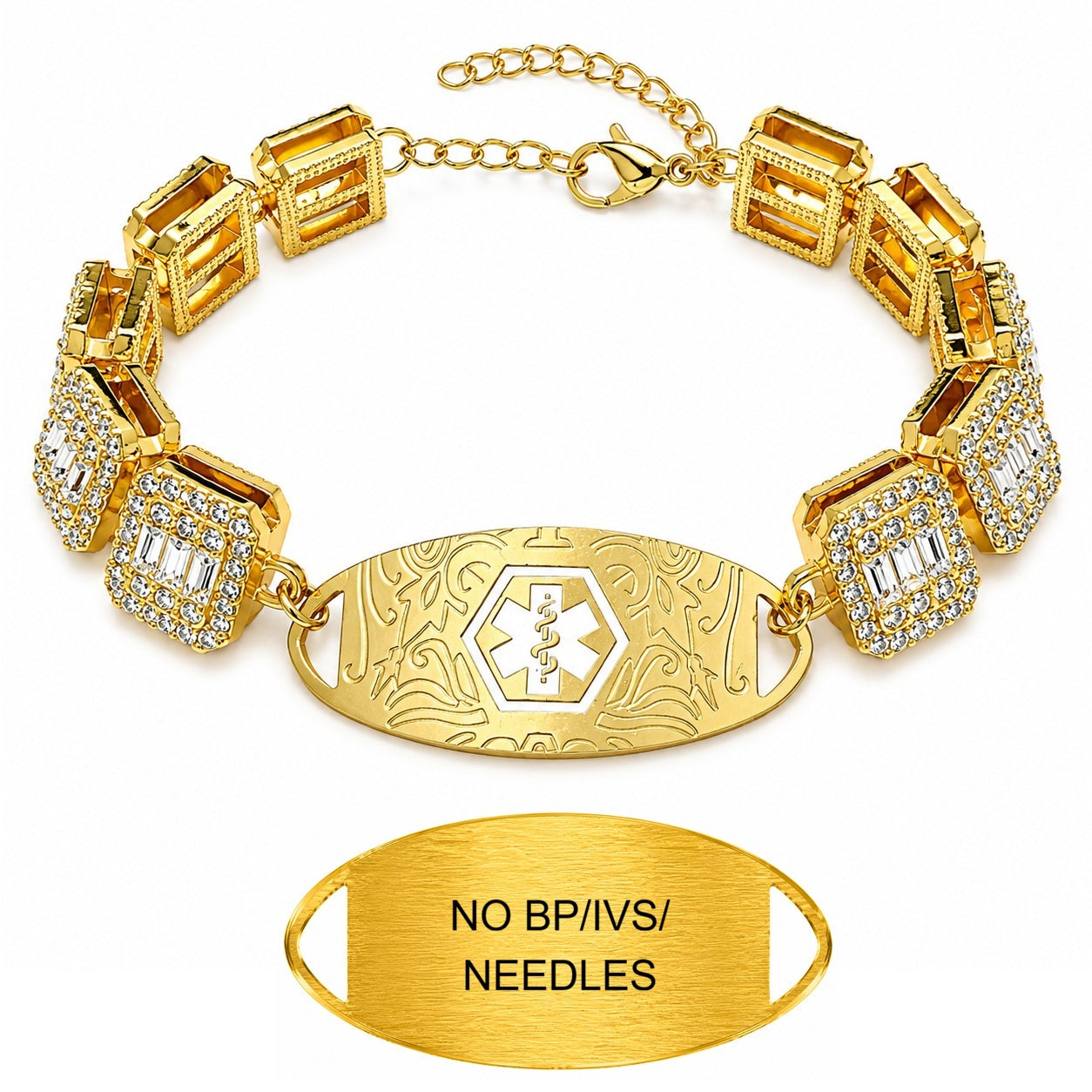 Rhinestone Medical ID Bracelet for Women, Luxury Square Link Chain Bracelet with Stainless Steel ID Plate, Custom Engraving or QR Code Emergency Information Jewelry, Adjustable Safety Bracelet