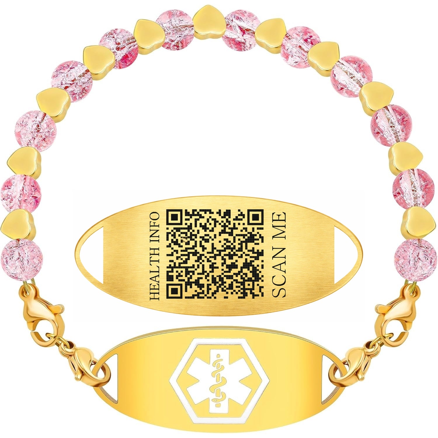 Stainless Steel Medical Alert Bracelet for Women 18K Gold Plated Tarnish Resistant | Laser Engraved or Dynamic QR Code ID Bracelet | Green Pink Purple Crack Bead Heart Adjustable Jewelry