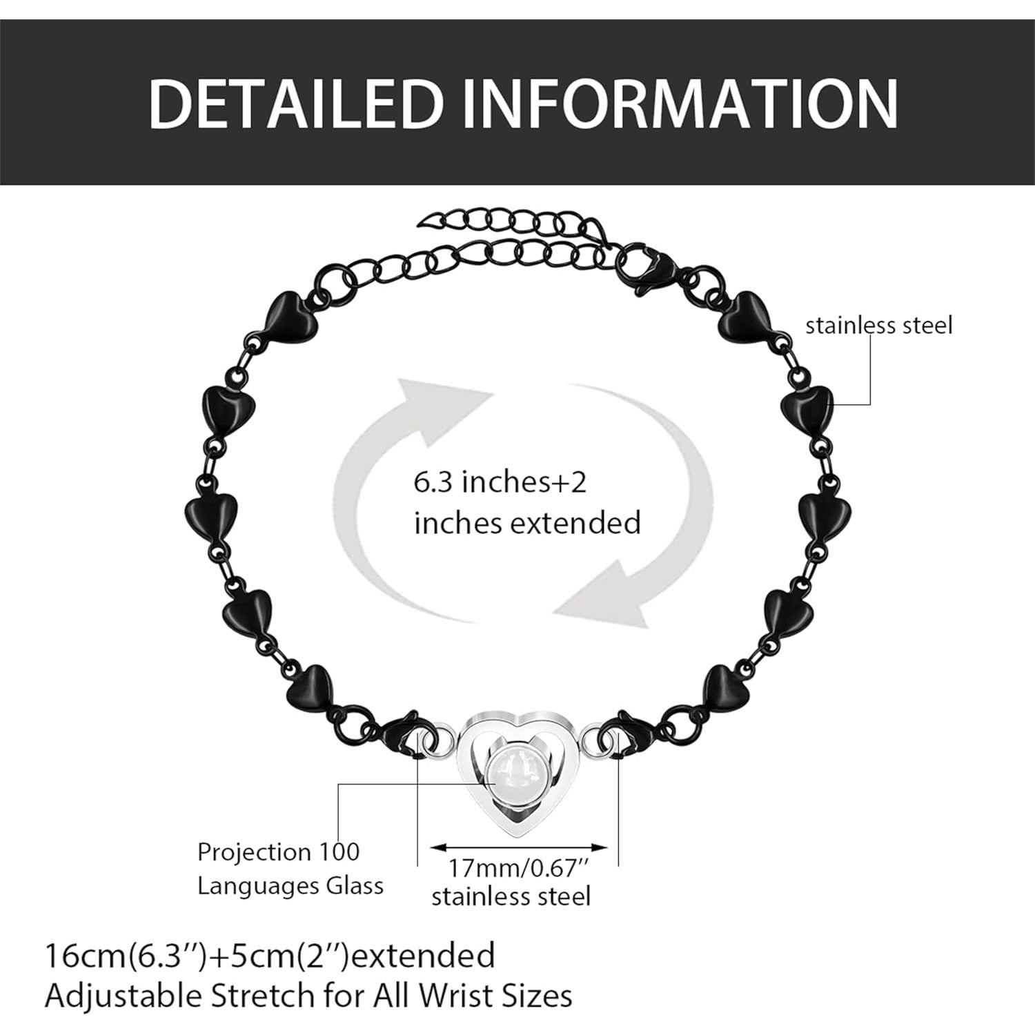 100 Languages Projection Pendant Bracelet | I LOVE YOU Heart Chain Bracelets | Fashion Bless Good Fortune Friendship Elegant Personalized Adjustable Length Stainless steel Jewelry Y4186