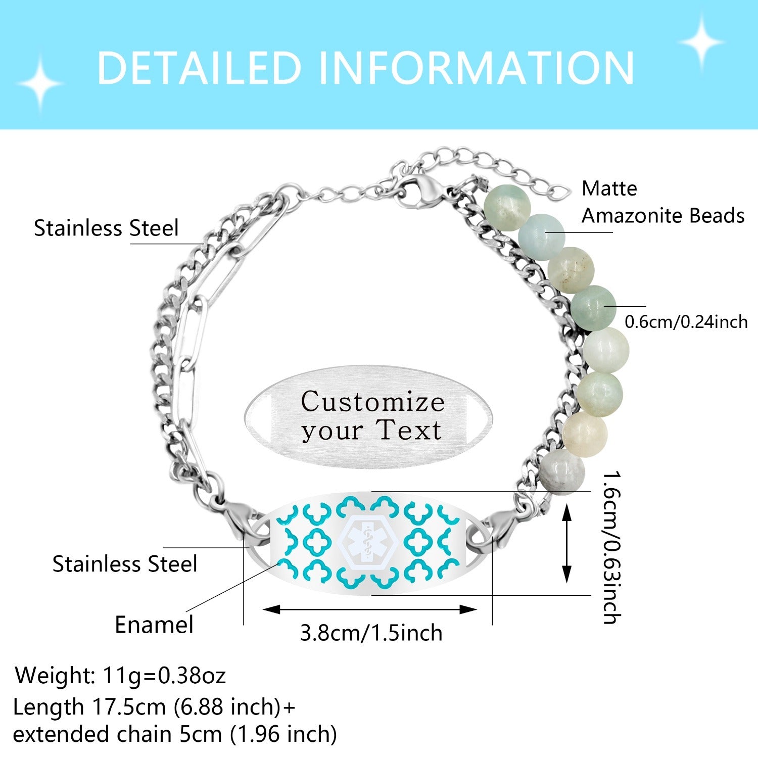 Women’s Dynamic QR Code Medical Alert Bracelet, Adjustable Amazonite Stone & Stainless Steel Medical ID Jewelry, Scan to Enter Emergency Information