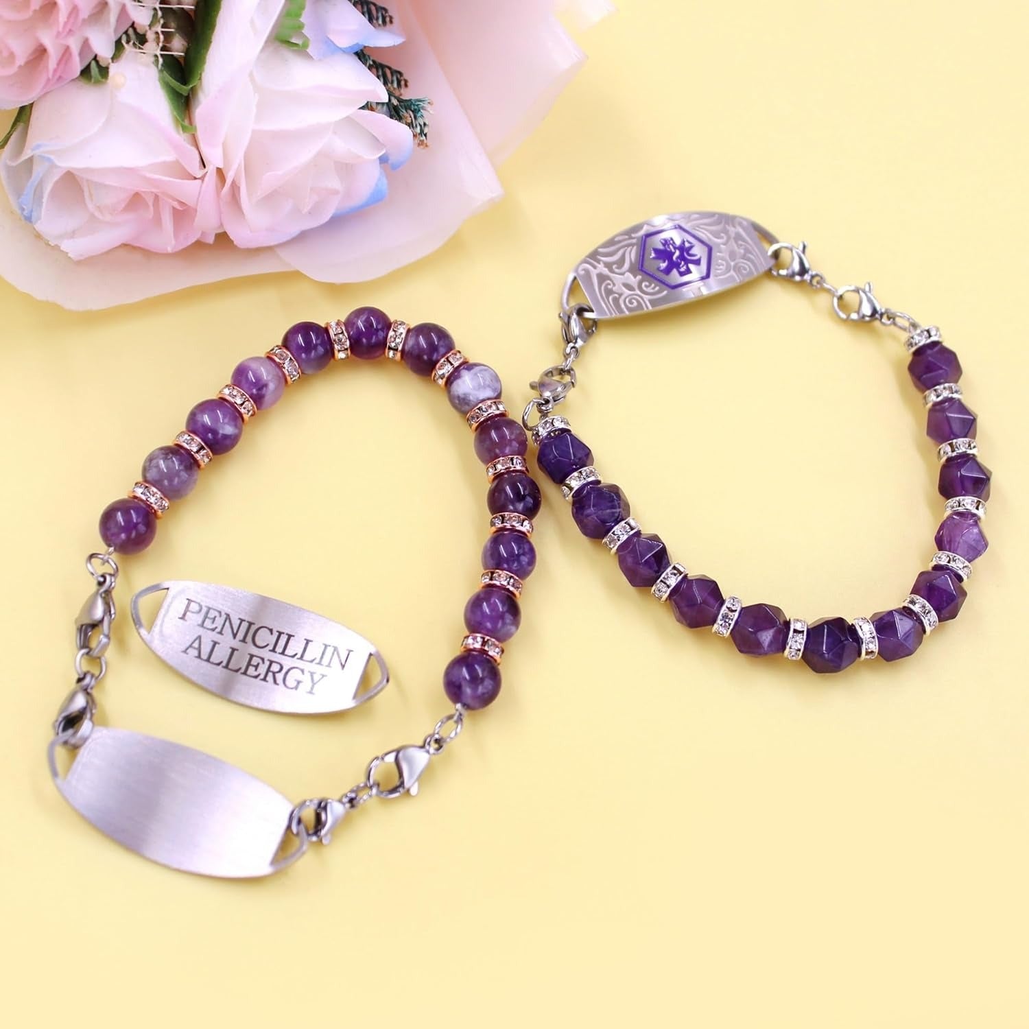 Dynamic QR Code Medical Alert Bracelet for Women, Faceted Purple Crystal Beads Medical ID Bracelet, Scan to Edit Health Info, Stainless Steel Interchangeable Medical Tag