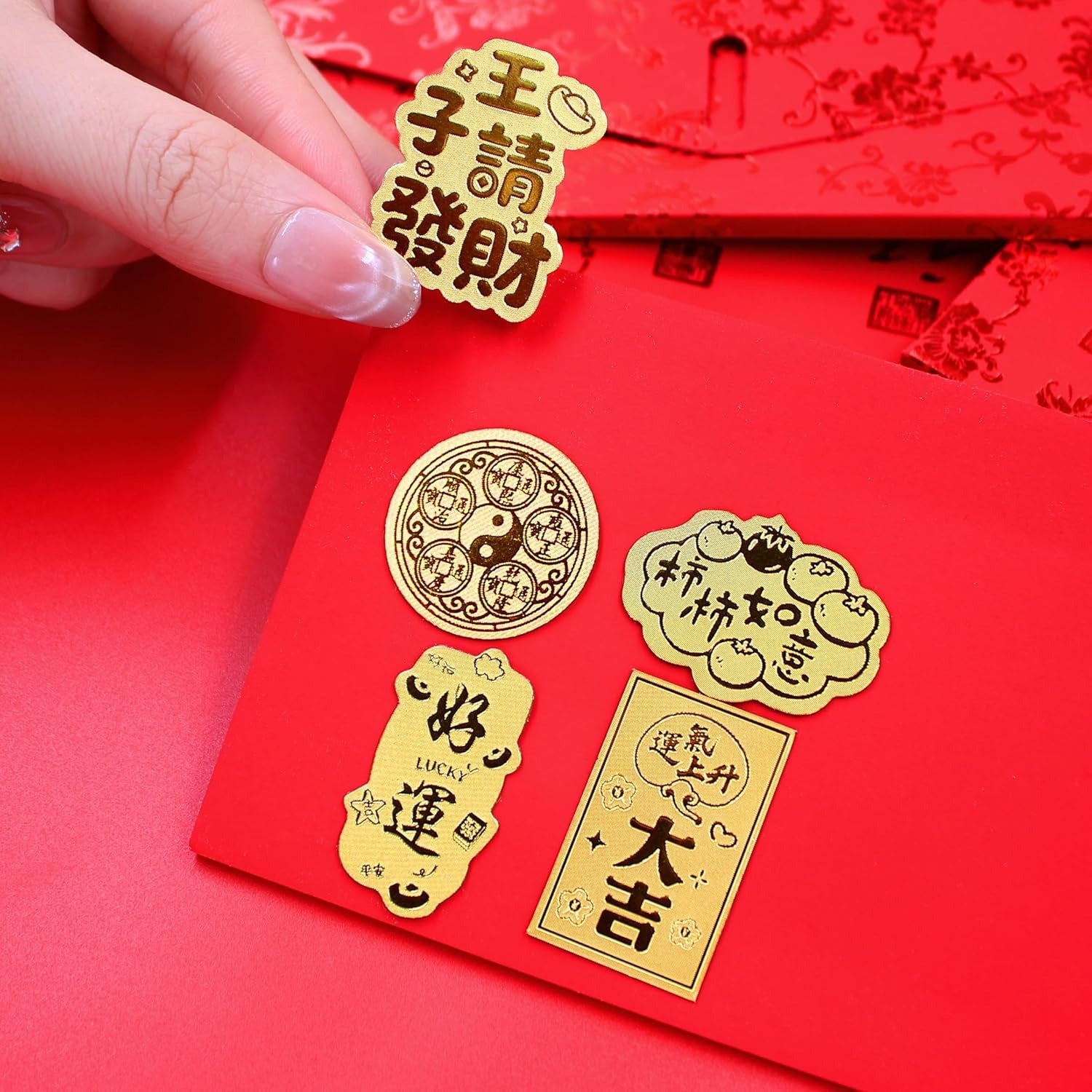 Uloveido Gold Foil Phone Sticker Set, 5pcs Lucky Feng Shui Decals, Chinese New Year Wealth & Good Luck Amulet Stickers, Traditional Chinese Blessing Phone Decor Gift