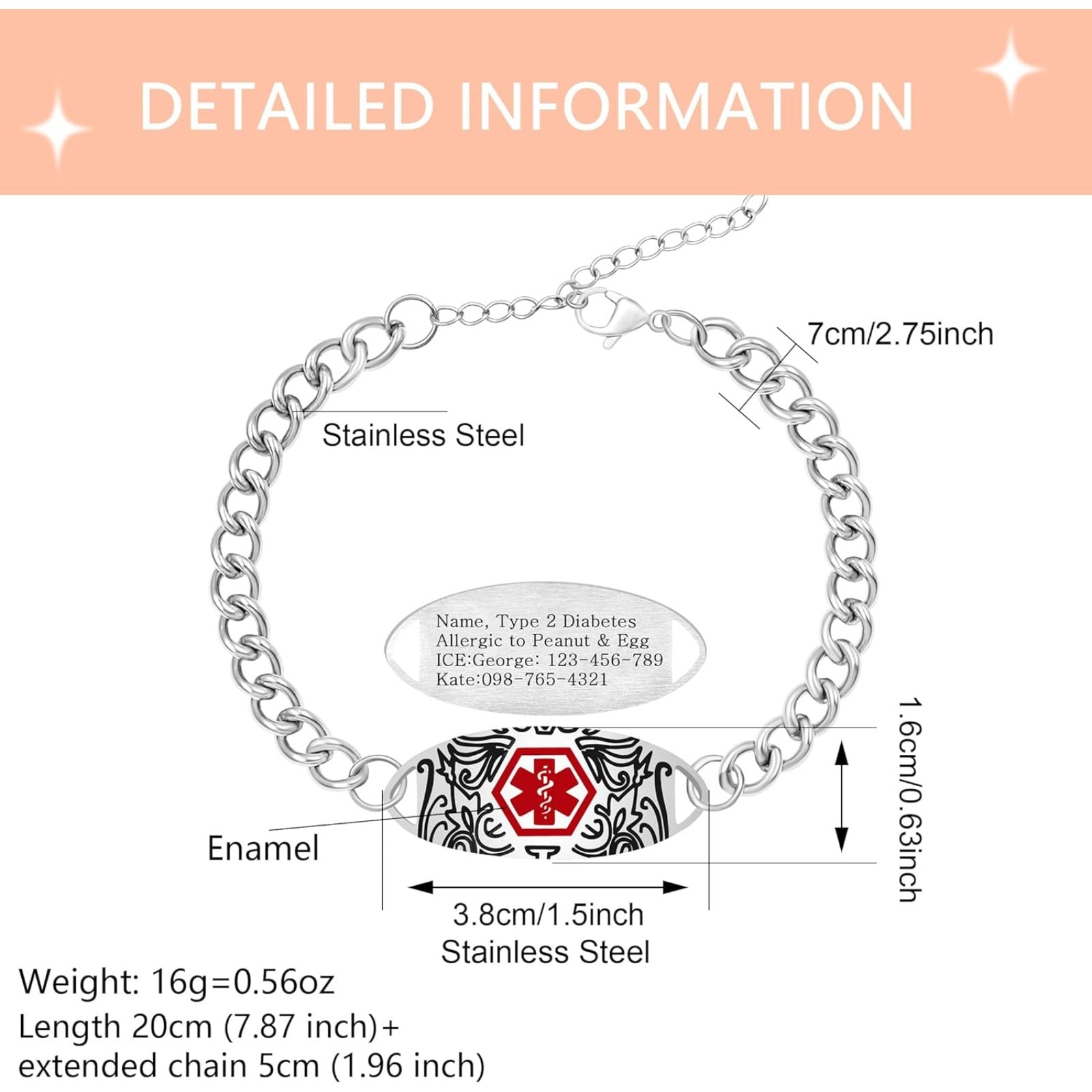 Uloveido Personalized Medical Alert Bracelet for Men Women | Double-Sided Engraved Stainless Steel Curb Link Chain ID Bracelet | Custom Emergency Health Info Jewelry