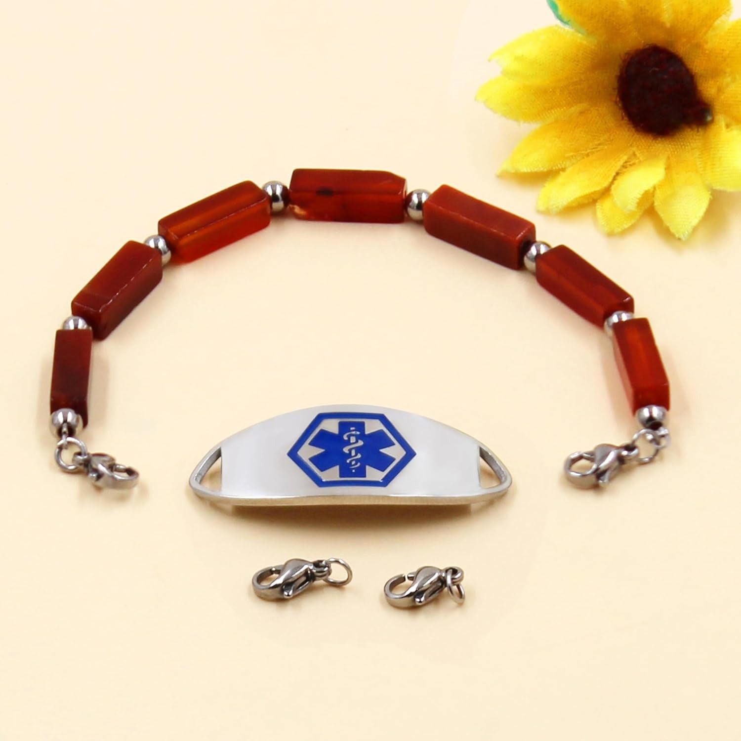 Dynamic QR Code Medical Alert Bracelet with Natural Stone Beads, Pink Stone Red Agate Black Agate White Turquoise, Stainless Steel Medical ID Bracelet, Double Lobster Clasp, No Engraving Required