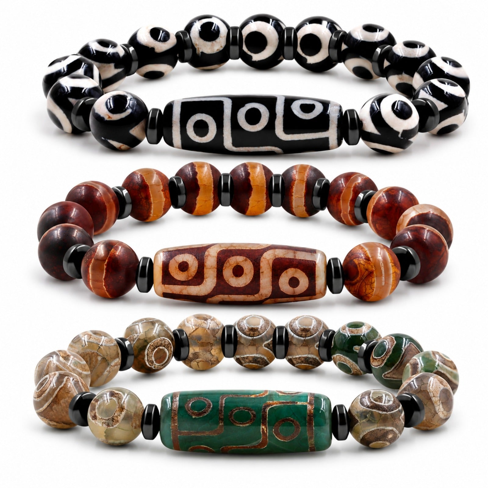 Dzi Bead Tibetan Bracelet for Men Women | Nine Eye Dzi Agate Beaded Bracelet with Hematite Spacers | Feng Shui Buddhist Meditation Amulet Adjustable Style Jewelry Brown Green Black YA5102