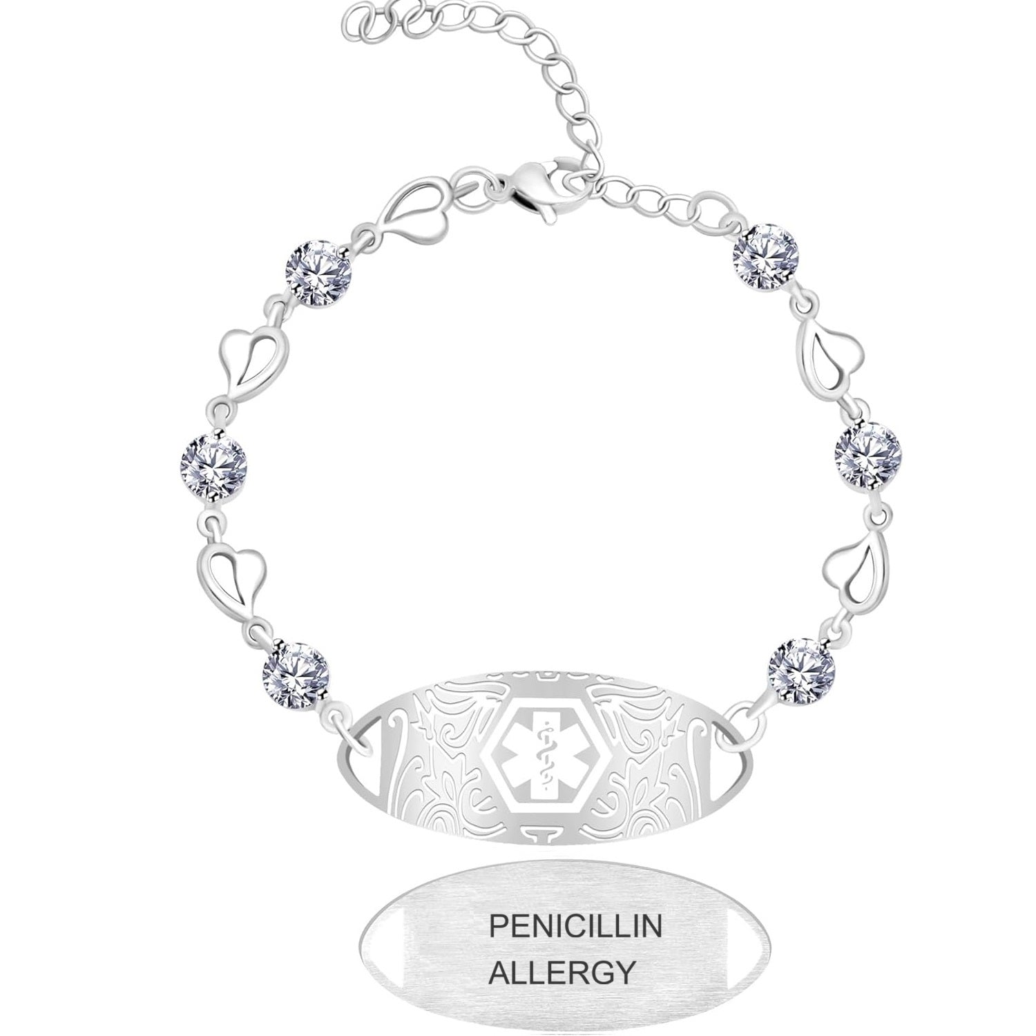 Uloveido Custom Medical ID Bracelet with White Cubic Zirconia | Elegant Floral Enamel Design | Adjustable QR Code & Engraved Emergency Contact EMS Bracelet for Women and Travelers