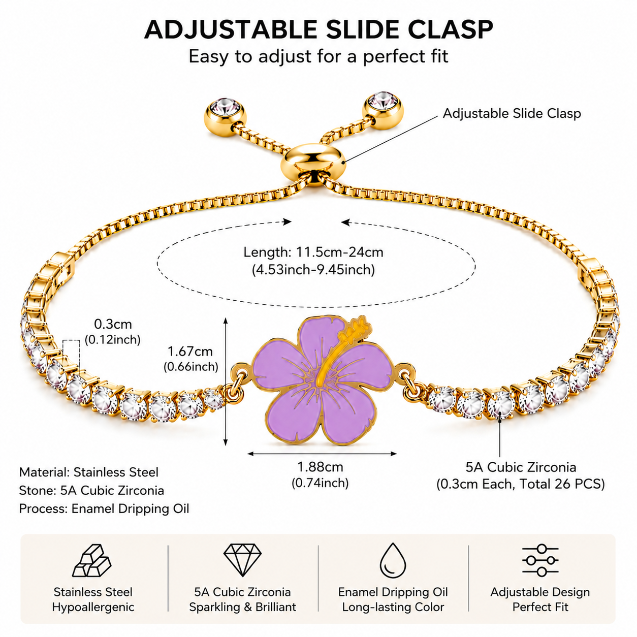 Hibiscus Flower Tennis Bracelet for Women | Gold Plated Stainless Steel Cubic Zirconia Adjustable Slide Clasp Bracelet | Red & Purple Enamel Floral Jewelry Gift