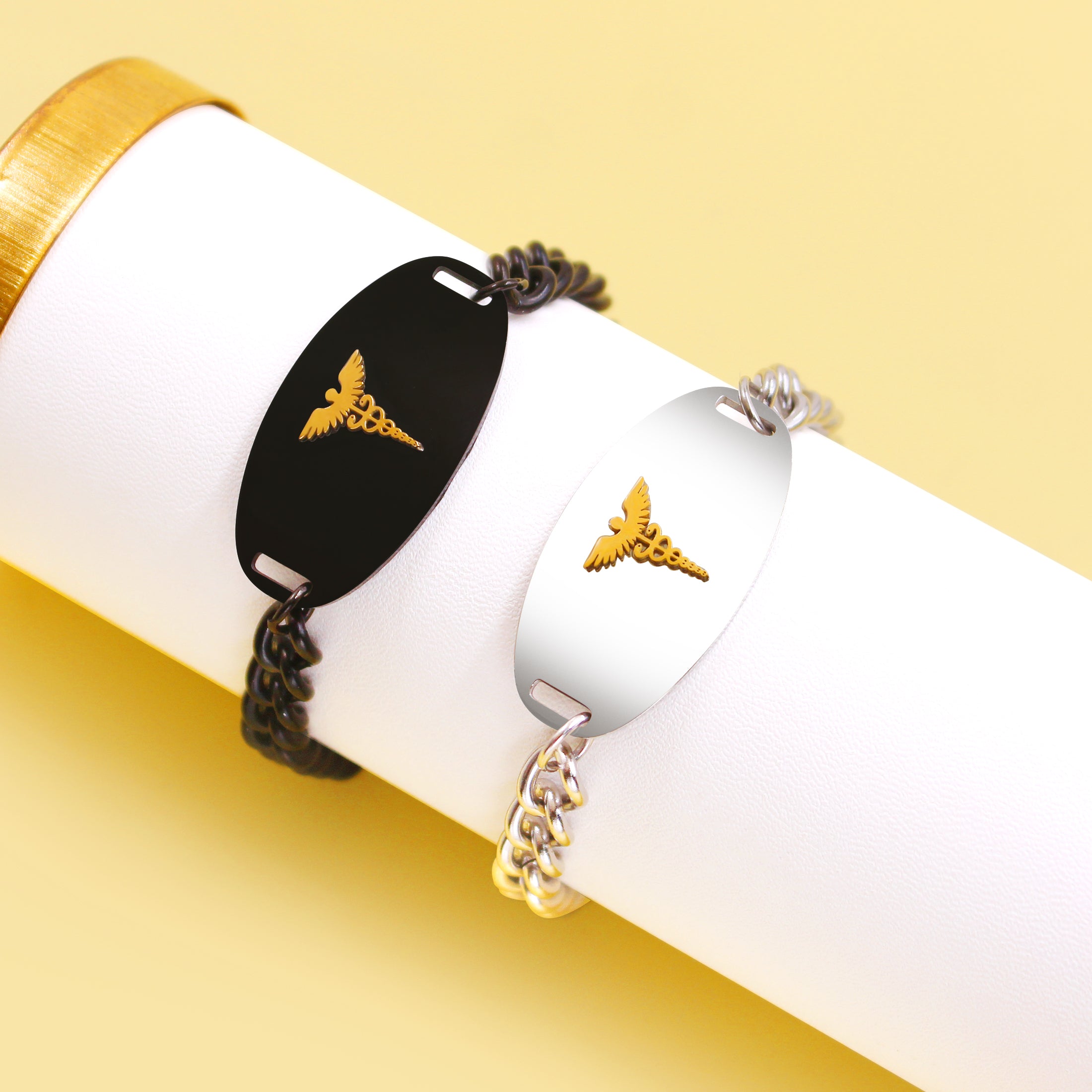 Stainless Steel Medical Alert Bracelet with Golden Caduceus Symbol Men Women | Laser Engraved or Dynamic QR Code Medical ID Bracelet | Adjustable Chain Emergency Contact Allergy ID Jewelry Black White