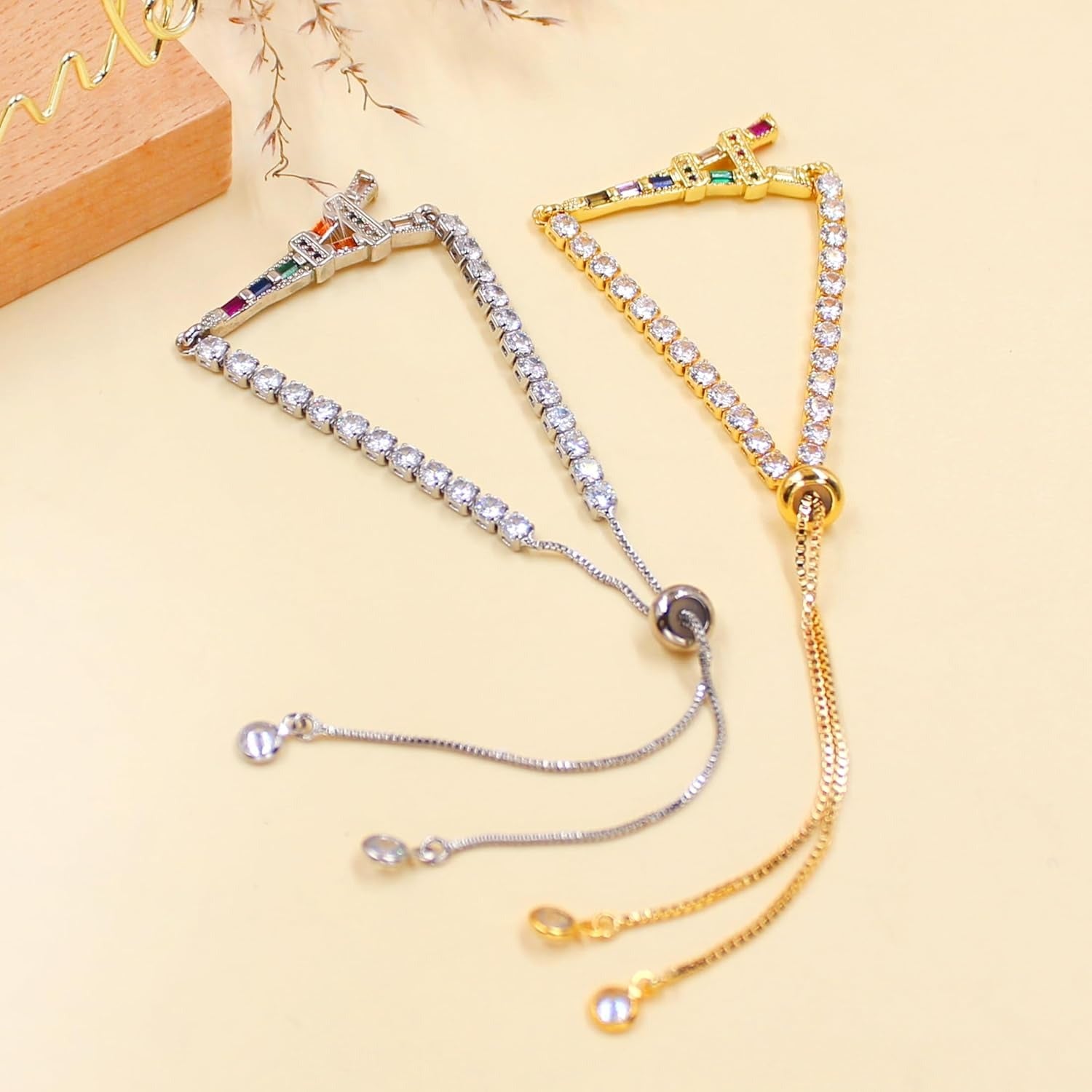 Elegant Eiffel Tower Tennis Bracelet with Multicolor CZ Charm, Golden Plated Adjustable Slider Chain Crystal Bracelet, Romantic Paris Jewelry Gift for Women Mom Daughter YA5691