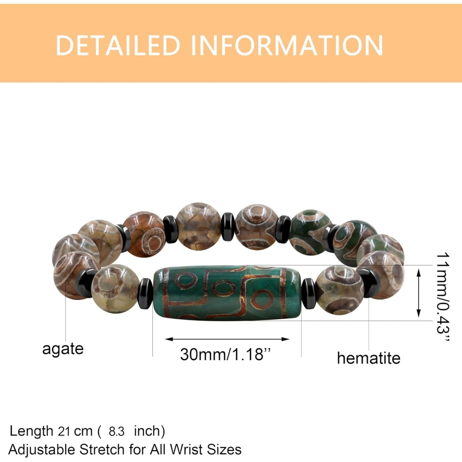 Dzi Bead Tibetan Bracelet for Men Women | Nine Eye Dzi Agate Beaded Bracelet with Hematite Spacers | Feng Shui Buddhist Meditation Amulet Adjustable Style Jewelry Brown Green Black YA5102