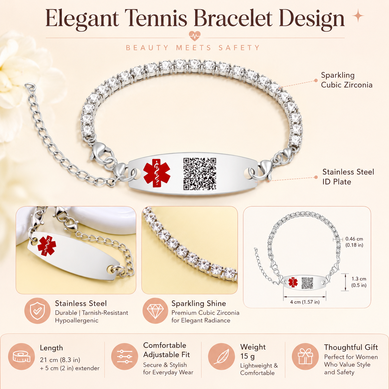 Uloveido Editable QR Code Medical Alert Tennis Bracelet for Women, Silver & Golded Color Options, Personalized Scannable Health ID Jewelry, Custom Emergency Info Wristband