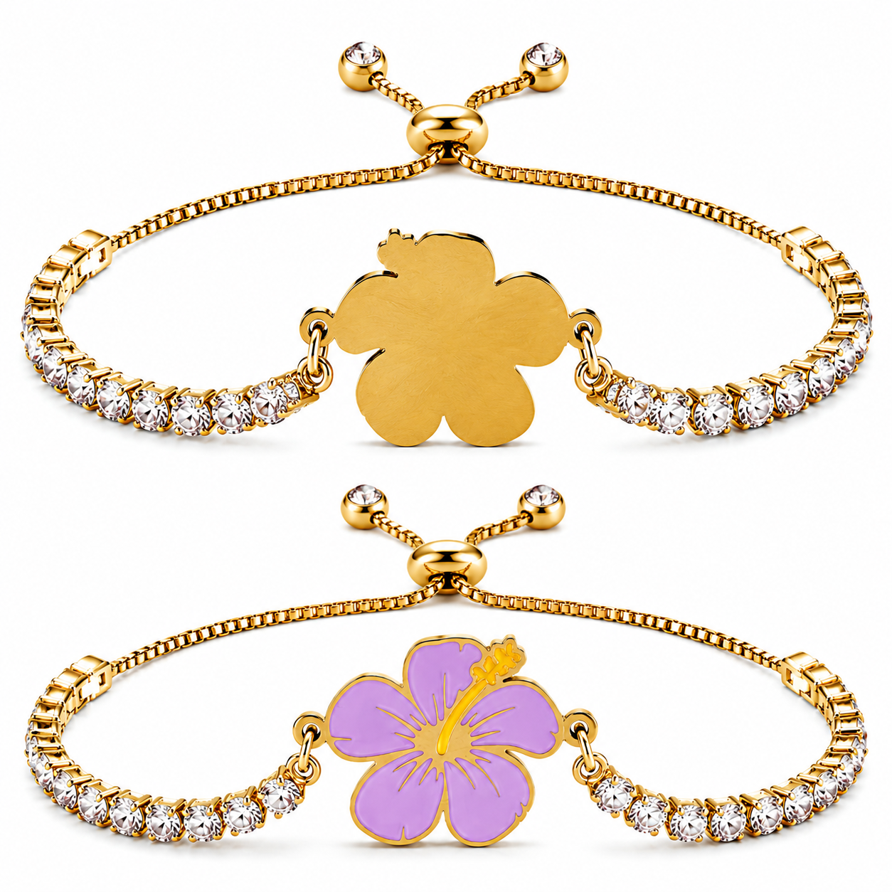 Hibiscus Flower Tennis Bracelet for Women | Gold Plated Stainless Steel Cubic Zirconia Adjustable Slide Clasp Bracelet | Red & Purple Enamel Floral Jewelry Gift