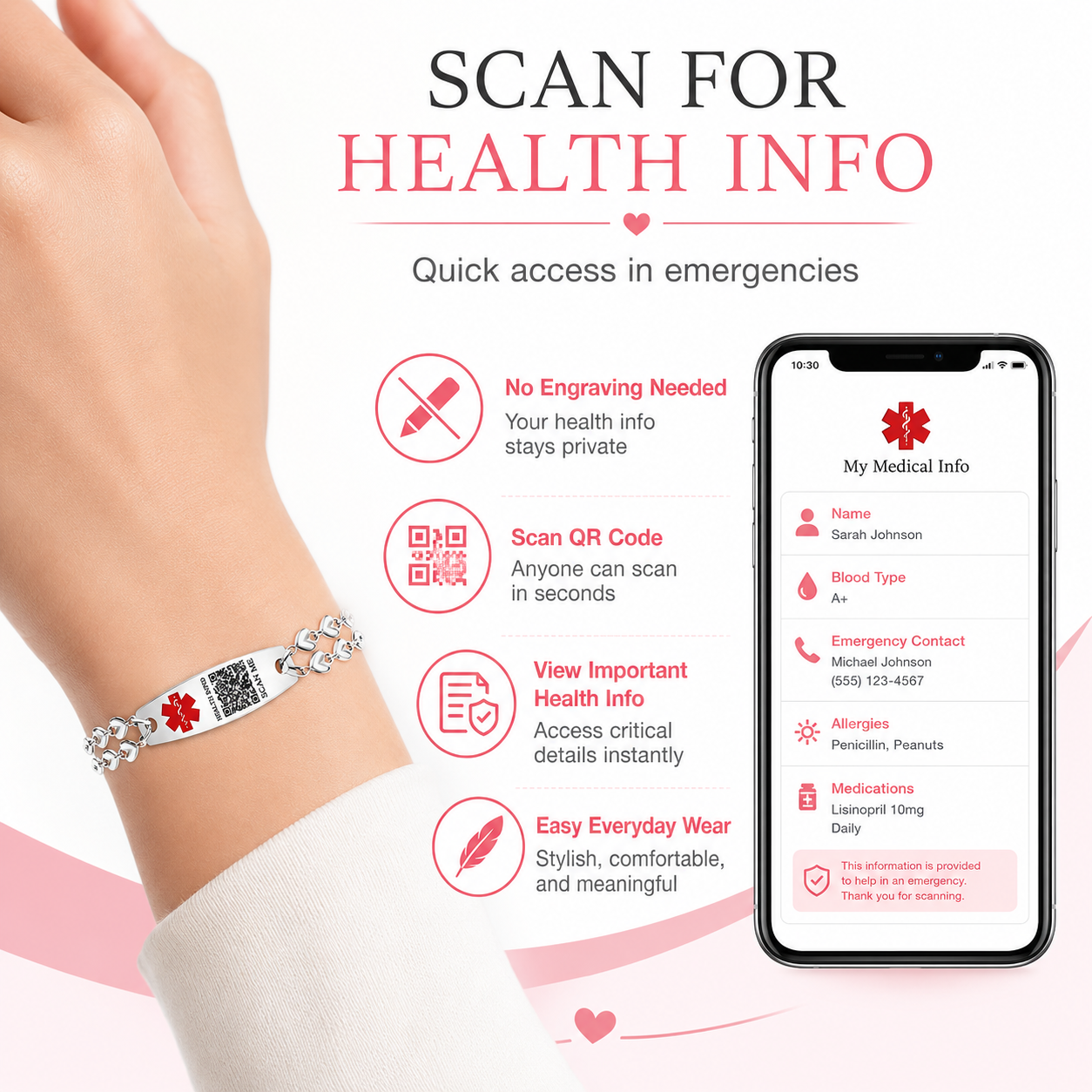 Uloveido Heart Medical ID Bracelet for Women, Double Chain Stainless Steel Emergency Info Wristband, Dynamic QR Code or Personalized Engraving, Adjustable Safety Jewelry for Daily Wear