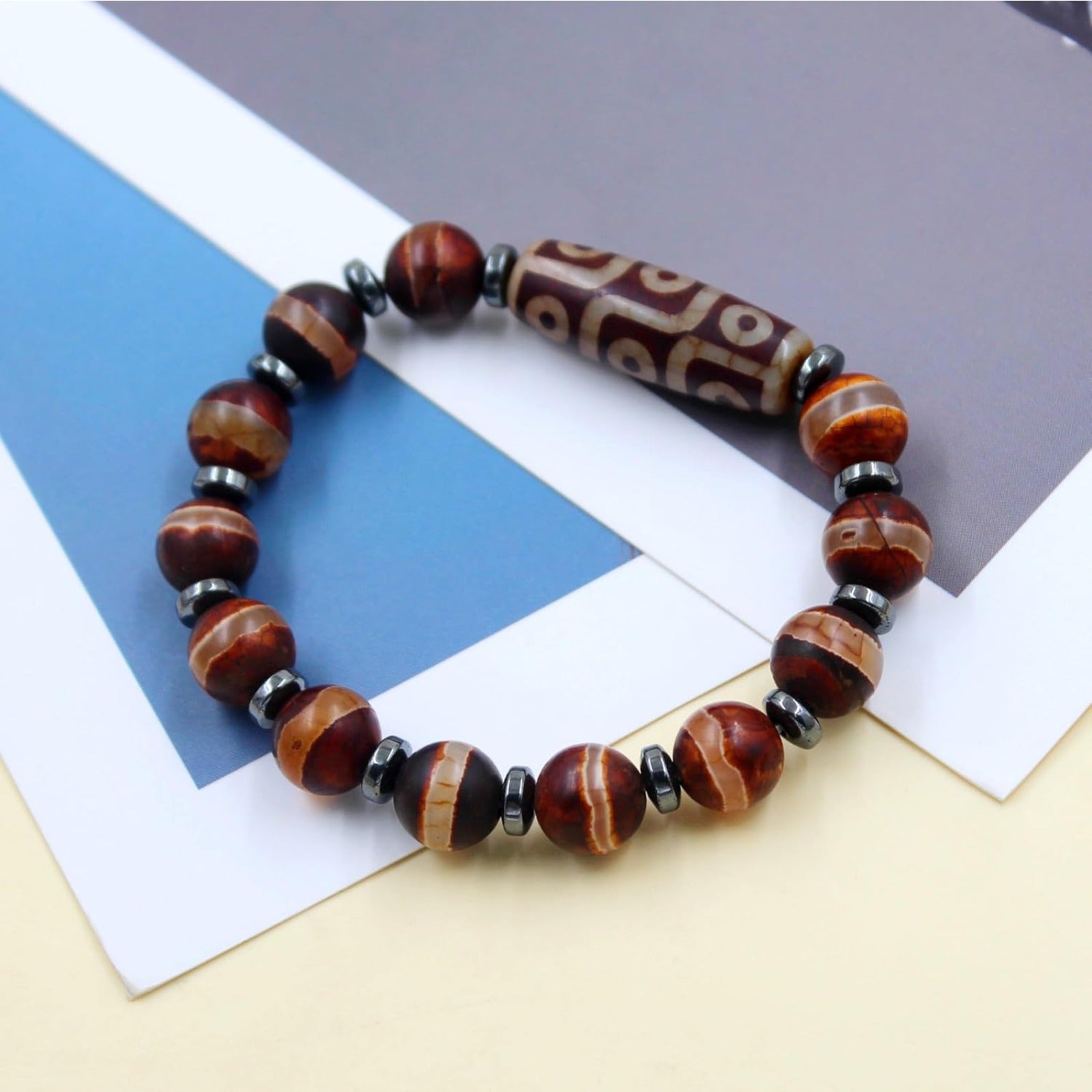 Dzi Bead Tibetan Bracelet for Men Women | Nine Eye Dzi Agate Beaded Bracelet with Hematite Spacers | Feng Shui Buddhist Meditation Amulet Adjustable Style Jewelry Brown Green Black YA5102