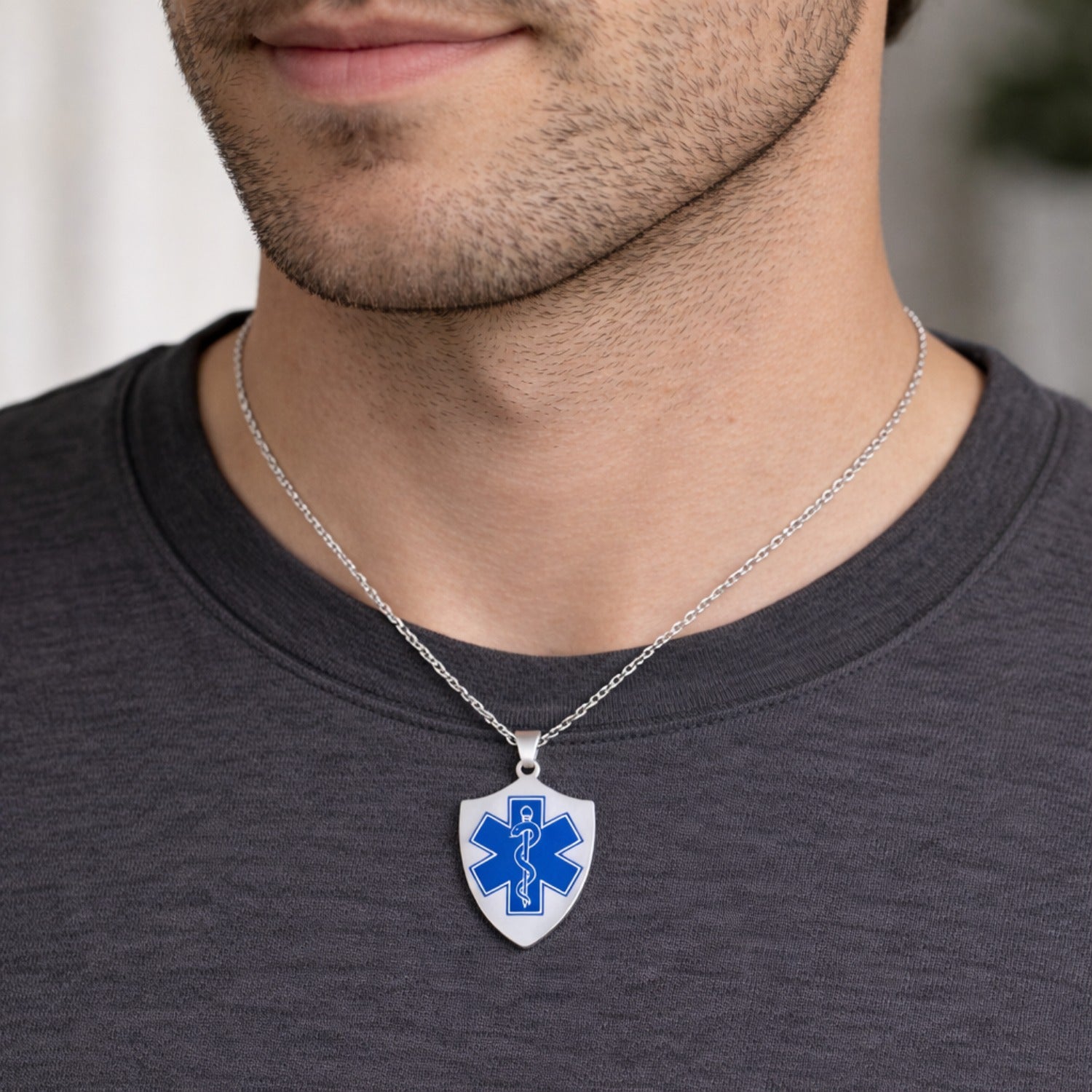 Uloveido Dynamic QR Code Medical Alert Necklace Shield Pendant, Stainless Steel Medical ID Jewelry for Men & Women, No Engraving Required, Scan to Update Emergency Medical Information, Red/Blue
