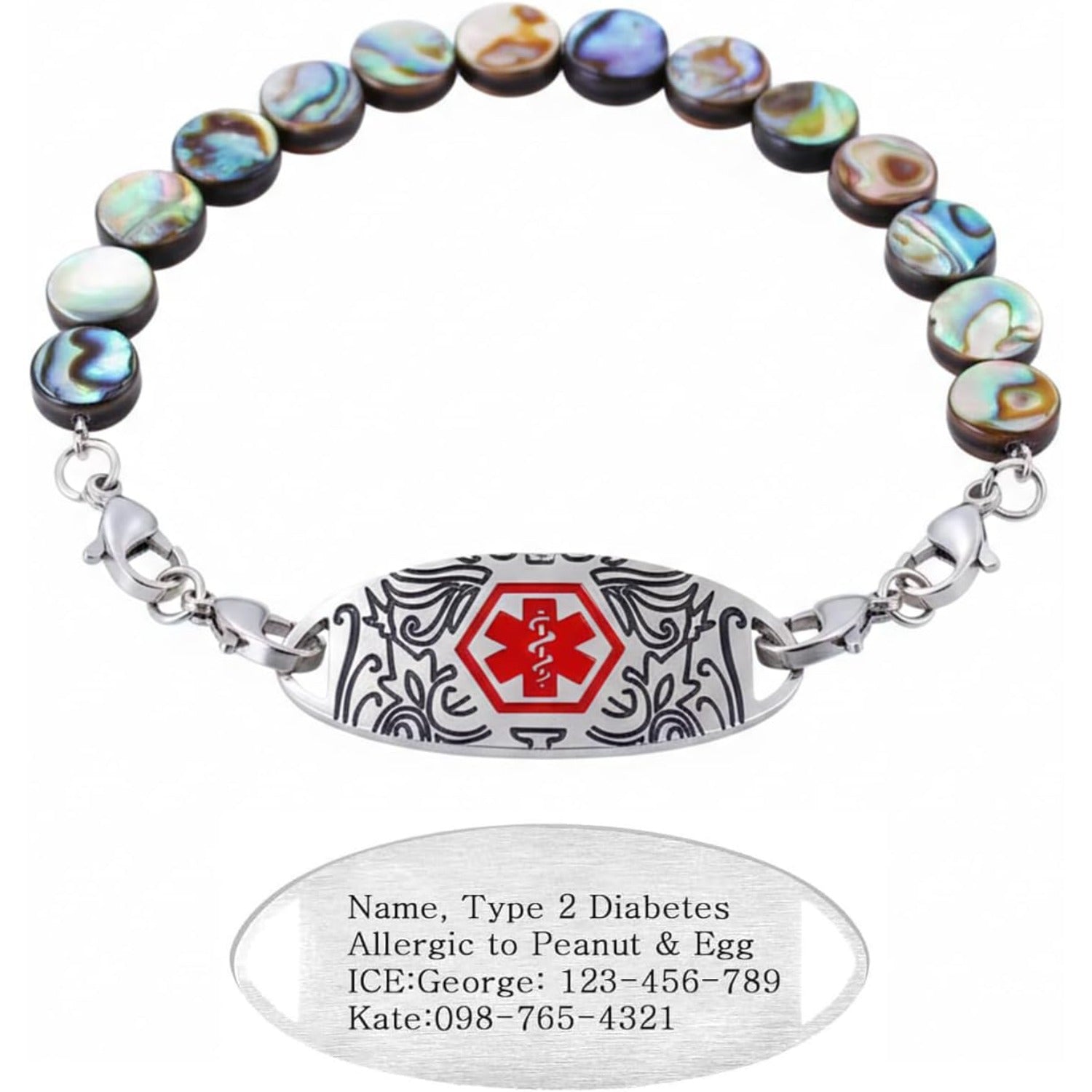 Dynamic QR Code Medical Alert Bracelet for Women | Round Abalone Shell Beads & Stainless Steel ID | Scan to Edit Emergency Info, Allergy & Diabetes ID Jewelry, Double Lobster Clasp, Adjustable
